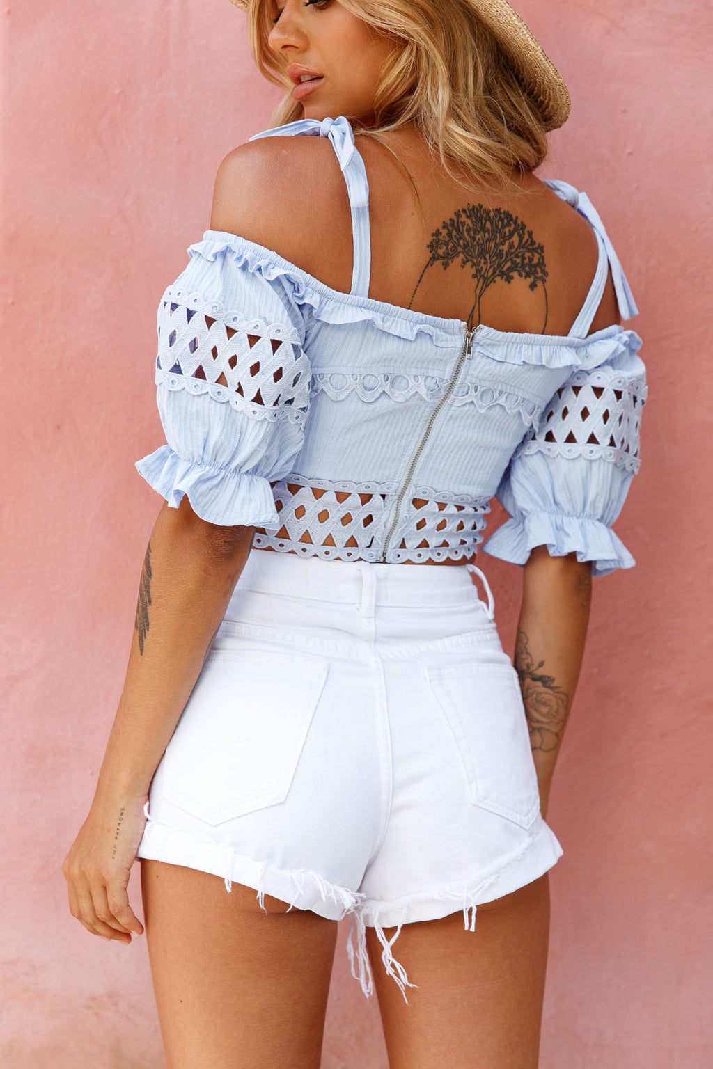 Danella Puff Sleeve Tied Shoulder Crop Top Steel Blue by Selfie Leslie