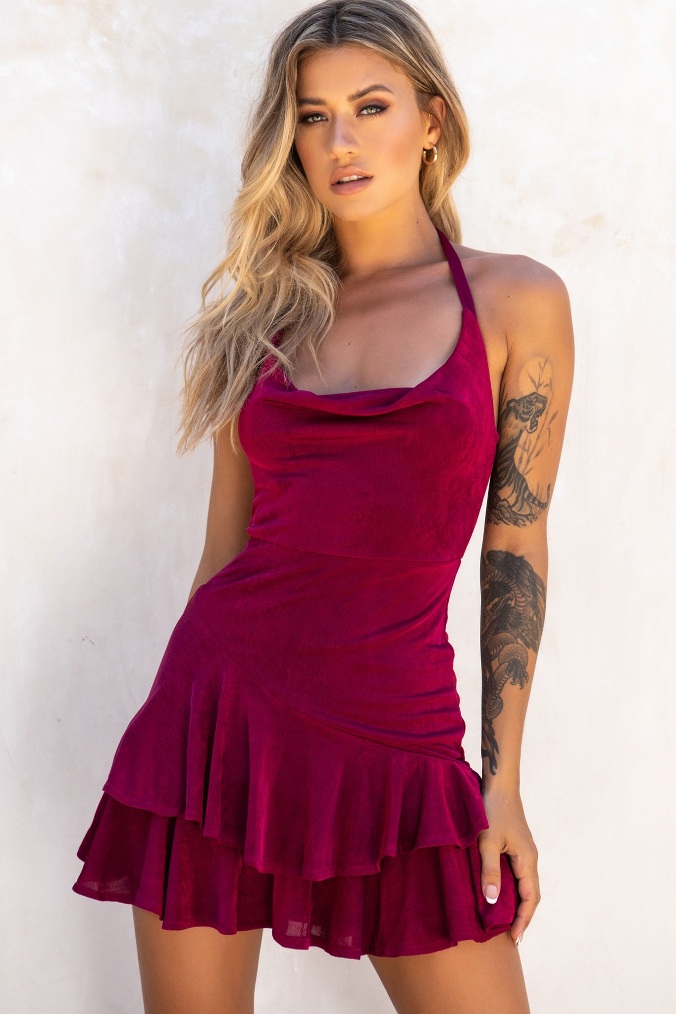 Bring On The Night Cowl Halterneck Dress Plum by Selfie Leslie