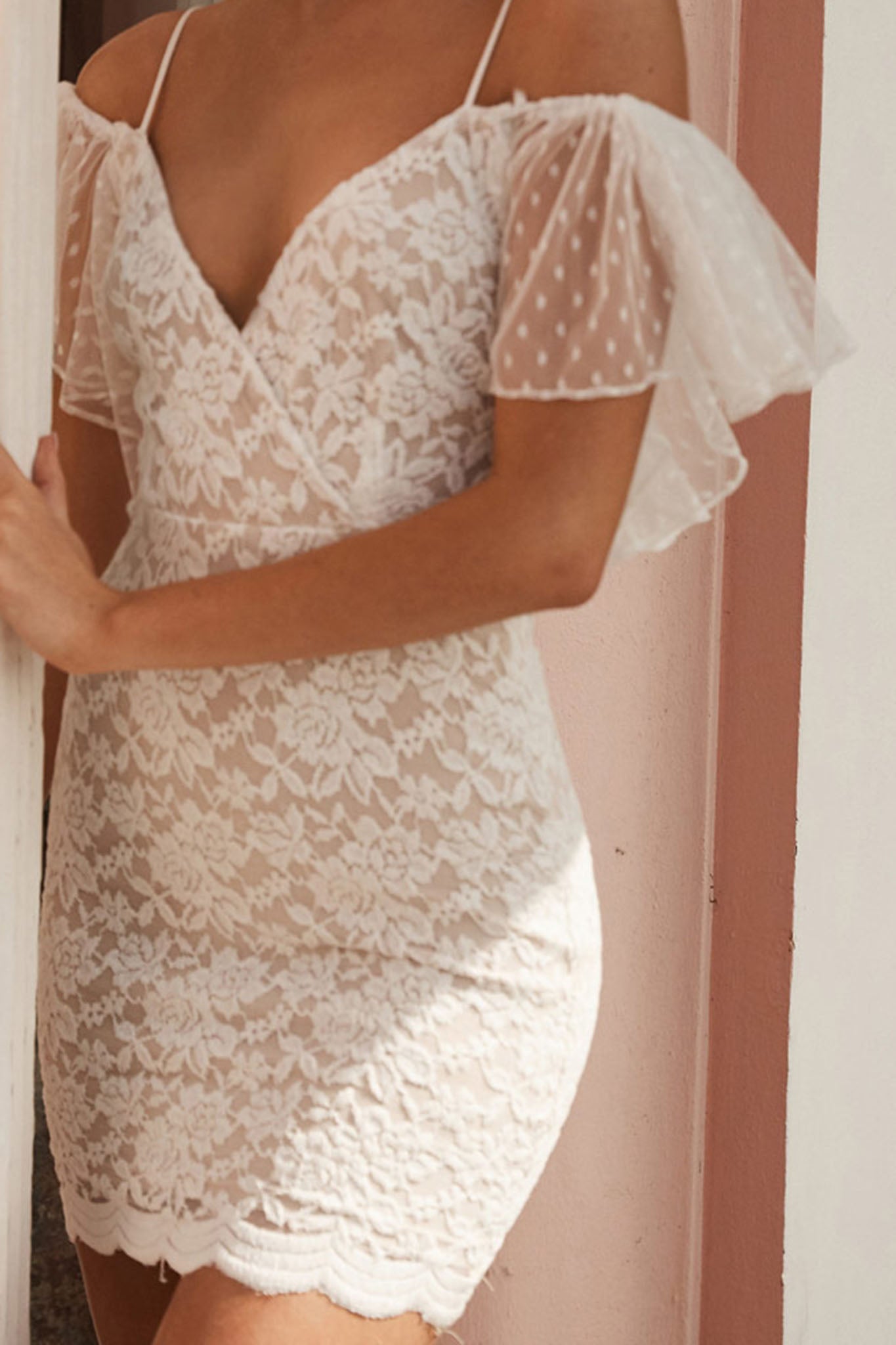 Maribel Hail Spot Sleeve Lace-Up Back Lace Mini Dress White by Selfie Leslie