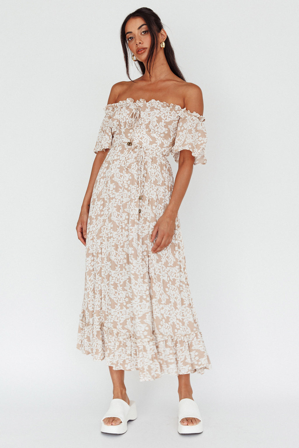 Voyager Off-Shoulder Bell Sleeve Midi Dress Floral Blush by Selfie Leslie