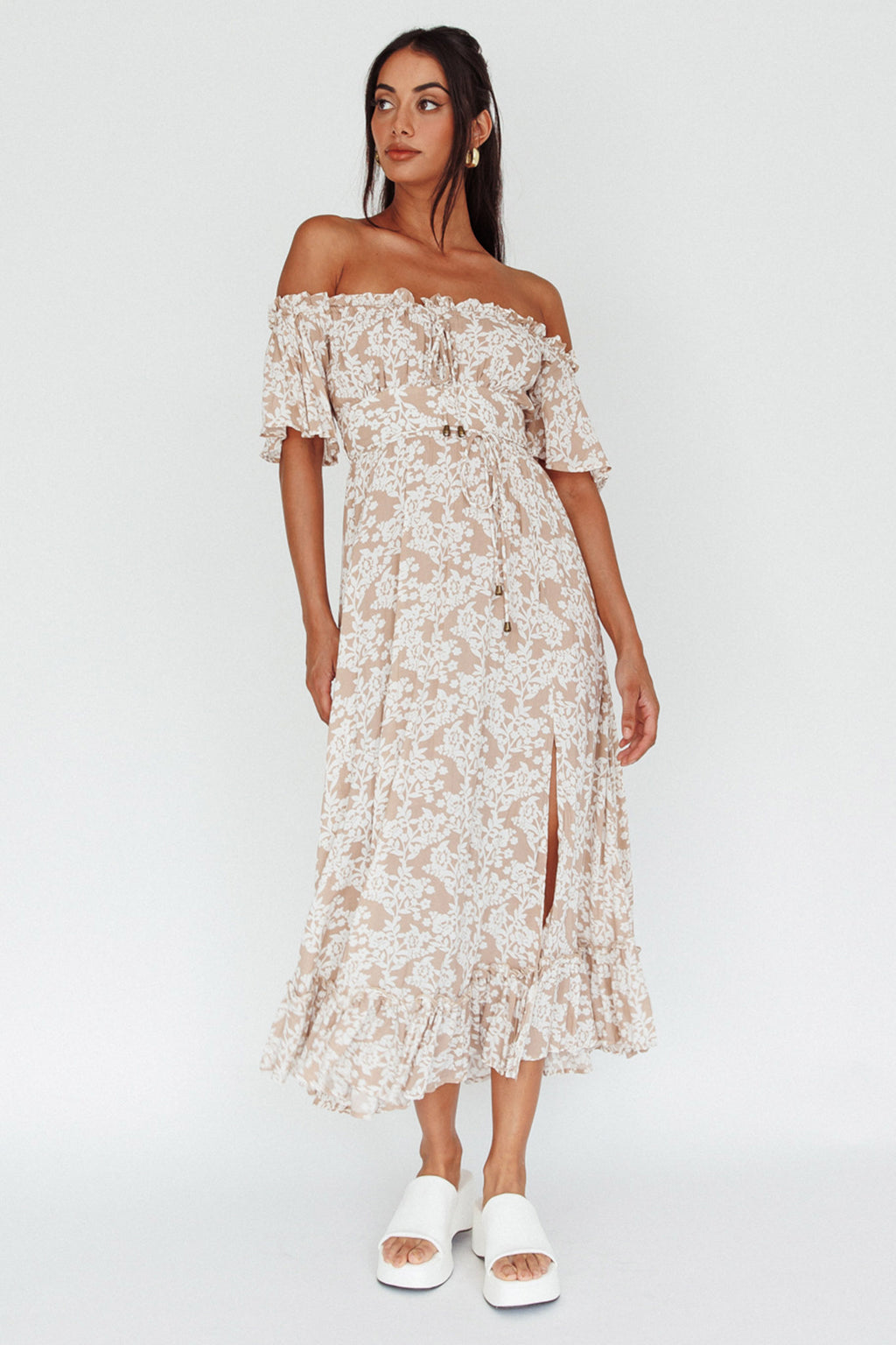 Voyager Off-Shoulder Bell Sleeve Midi Dress Floral Blush by Selfie Leslie