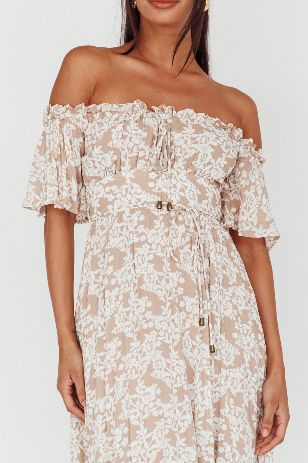 Voyager Off-Shoulder Bell Sleeve Midi Dress Floral Blush by Selfie Leslie