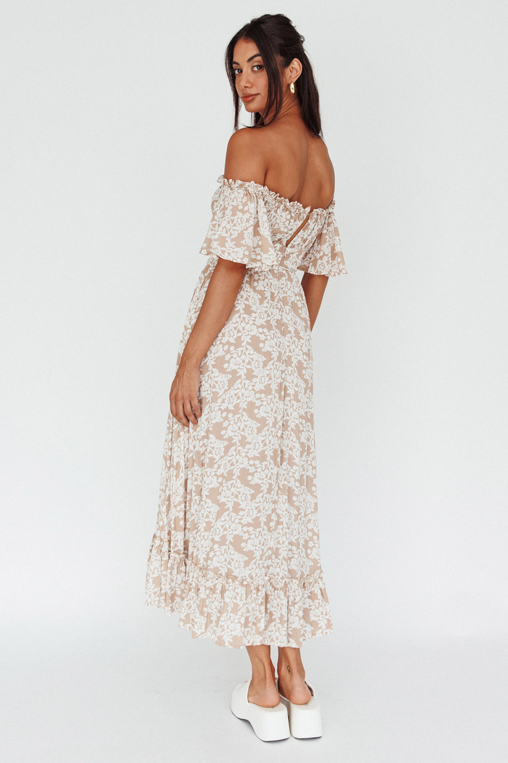 Voyager Off-Shoulder Bell Sleeve Midi Dress Floral Blush by Selfie Leslie