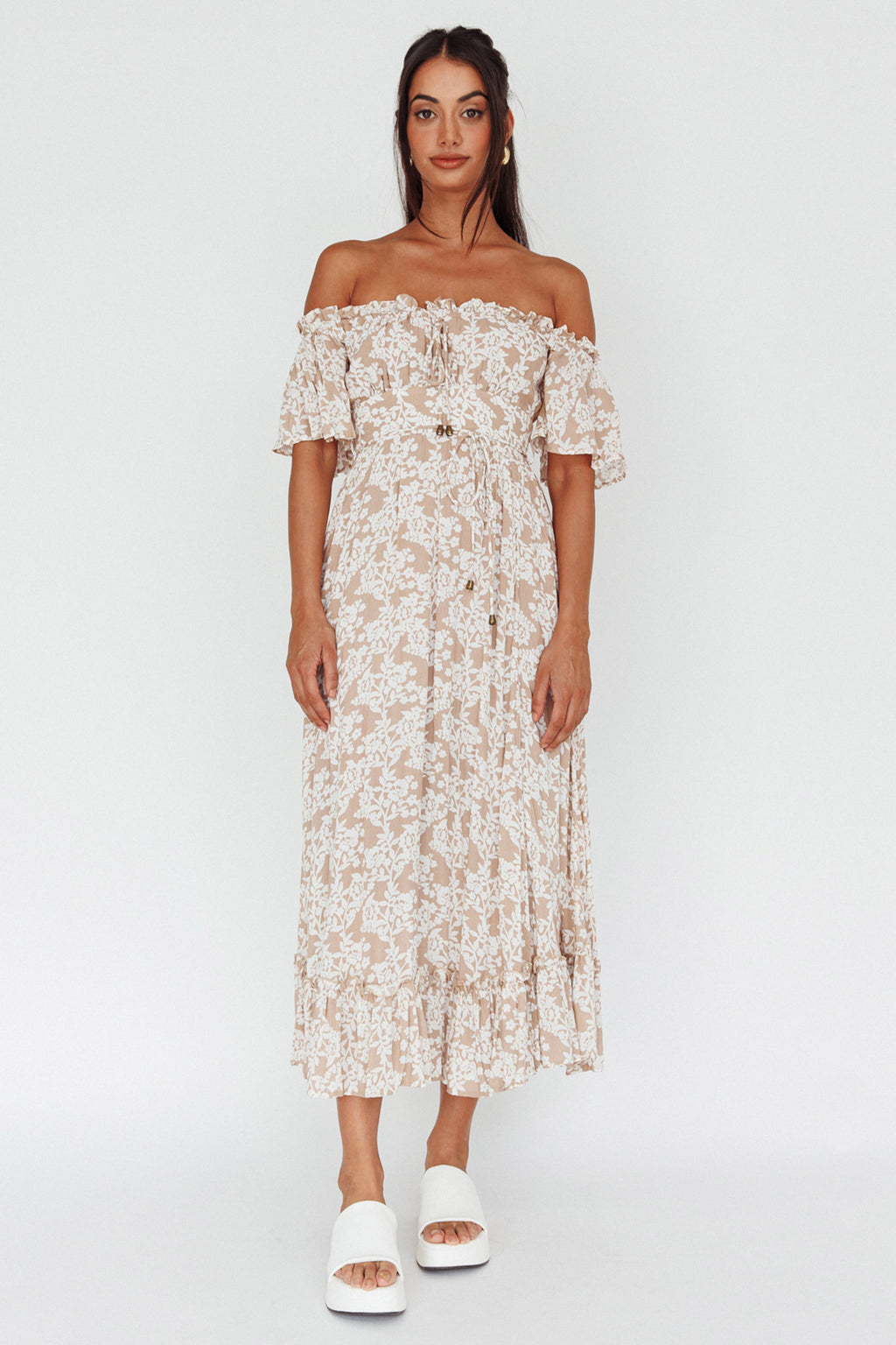 Voyager Off-Shoulder Bell Sleeve Midi Dress Floral Blush by Selfie Leslie