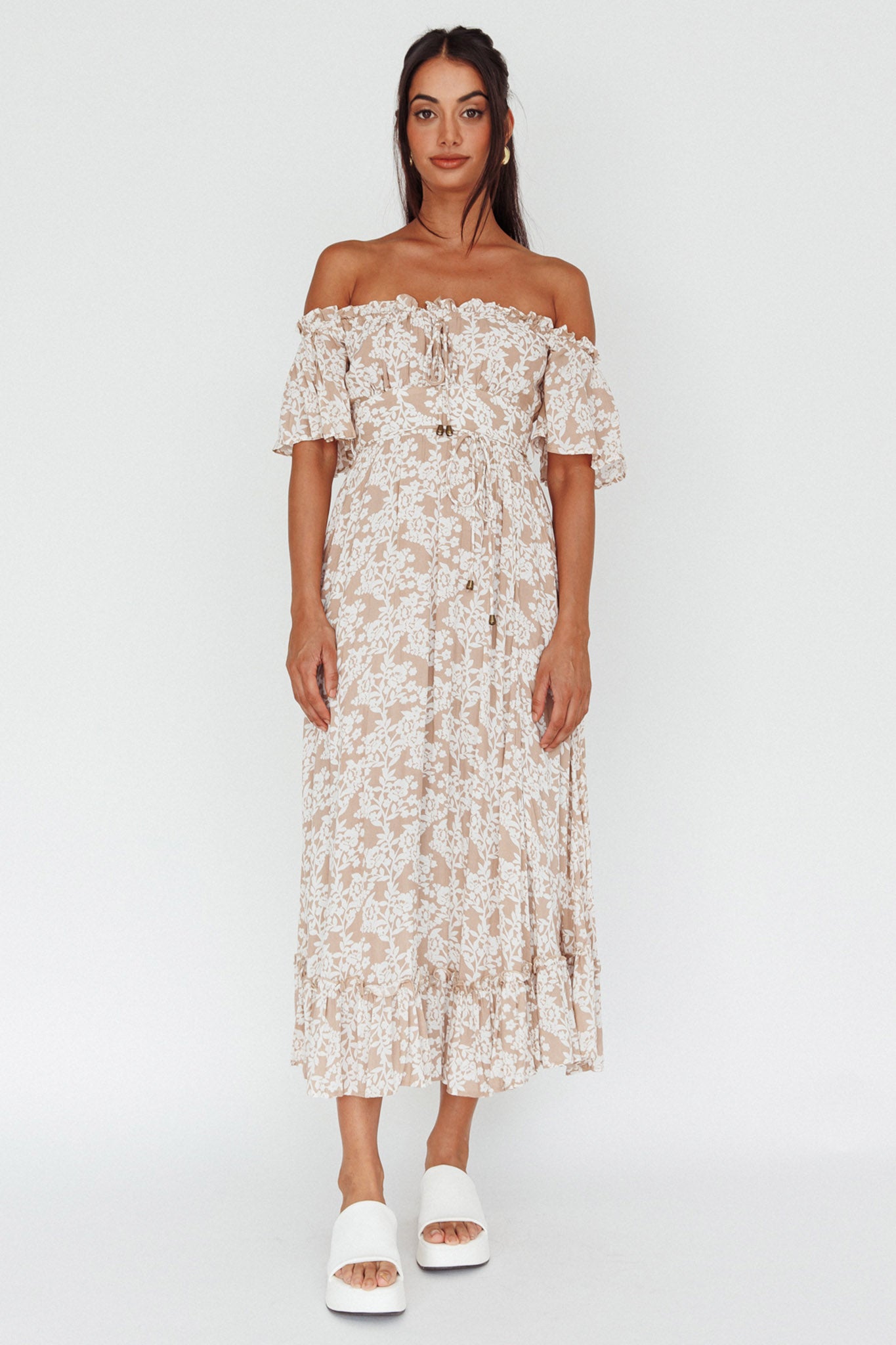 Voyager Off-Shoulder Bell Sleeve Midi Dress Floral Blush by Selfie Leslie