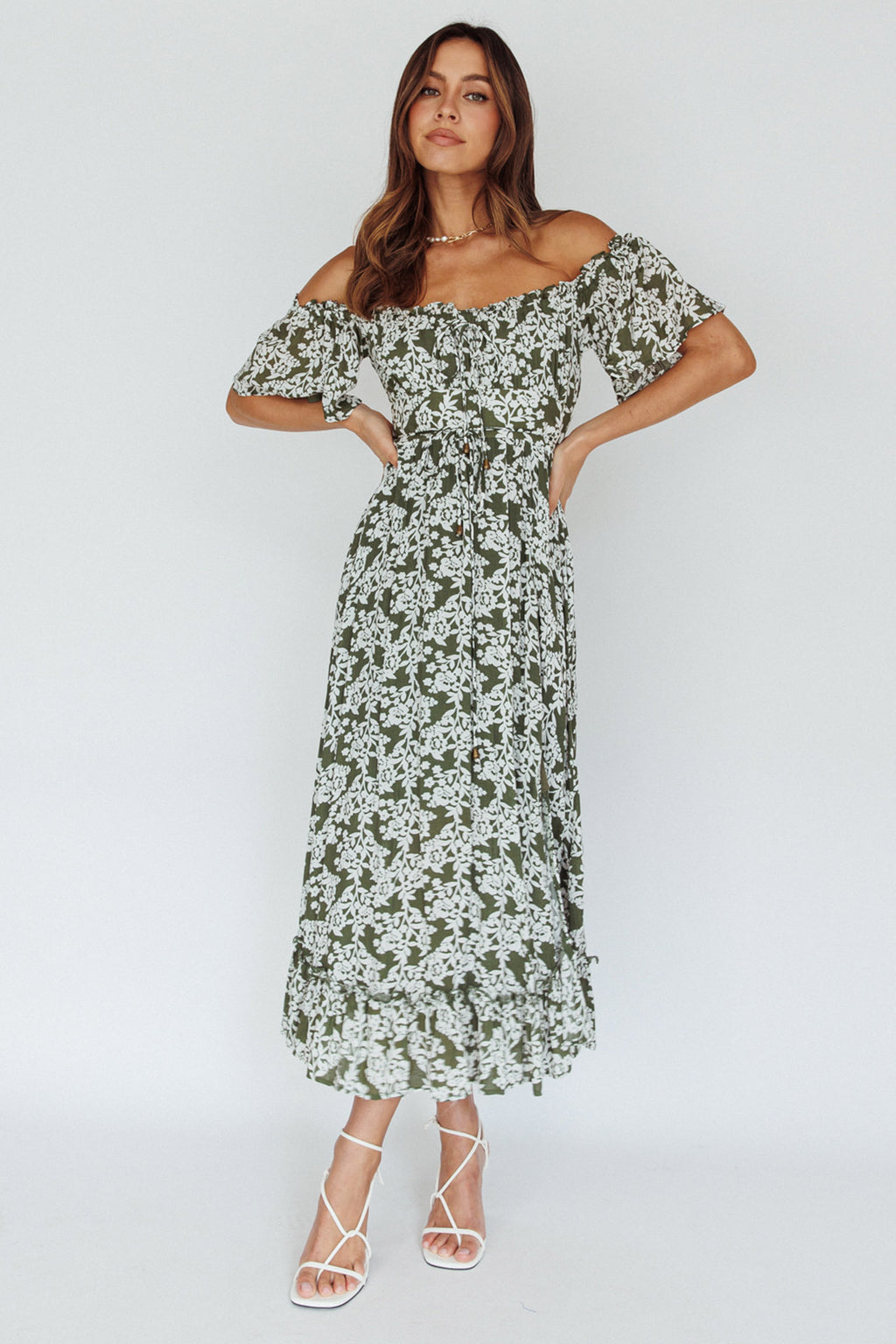 Voyager Off-Shoulder Bell Sleeve Midi Dress Floral Green | Selfie Leslie