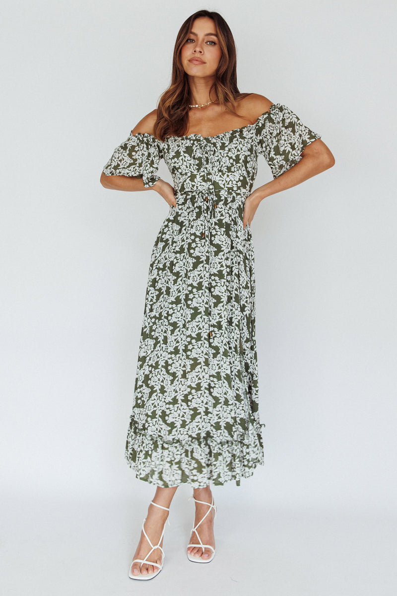 Voyager Off-Shoulder Bell Sleeve Midi Dress Leopard Print Olive