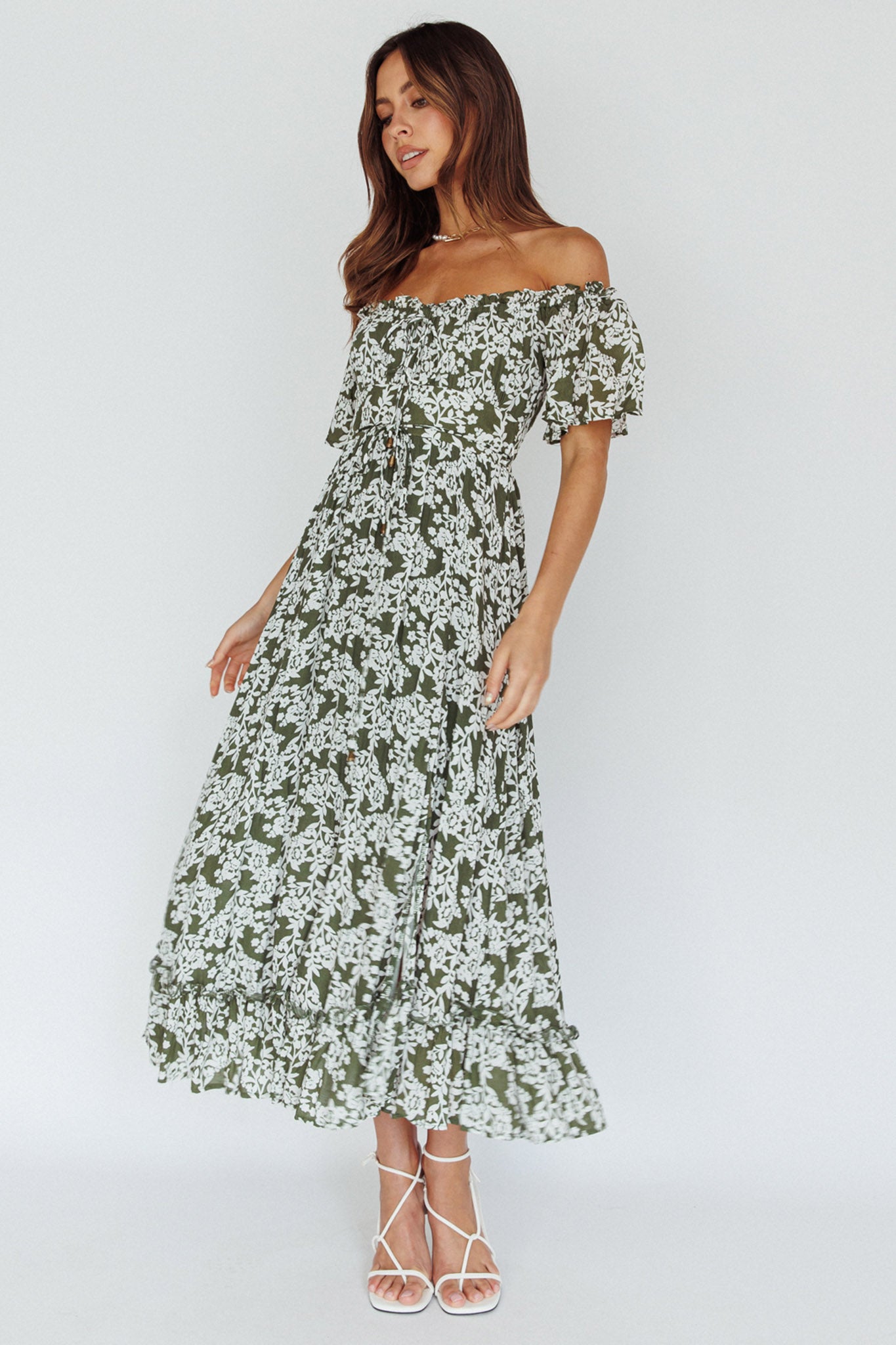 Voyager Off-Shoulder Bell Sleeve Midi Dress Leopard Print Brown
