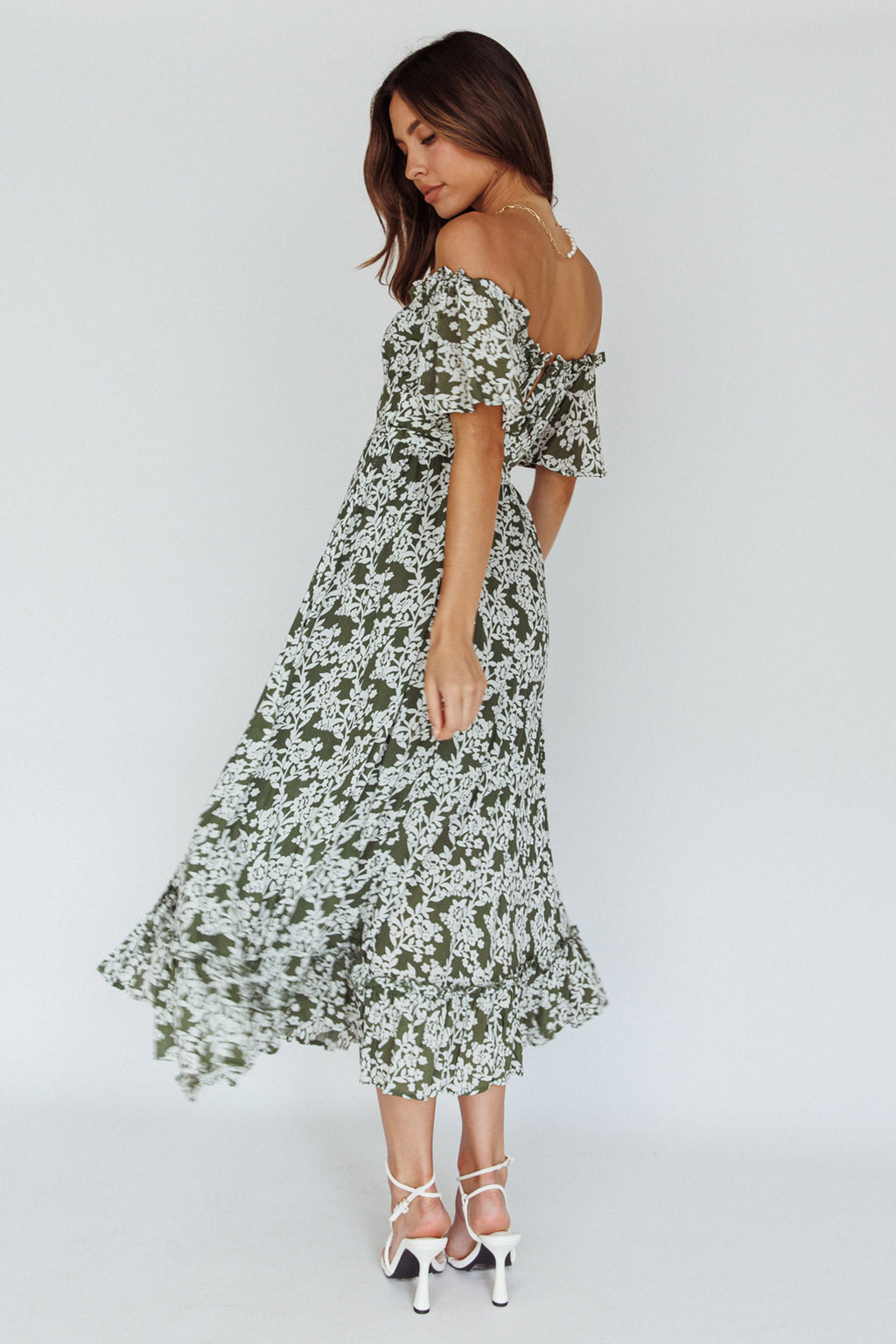 Voyager Off-Shoulder Bell Sleeve Midi Dress Floral Green by Selfie Leslie