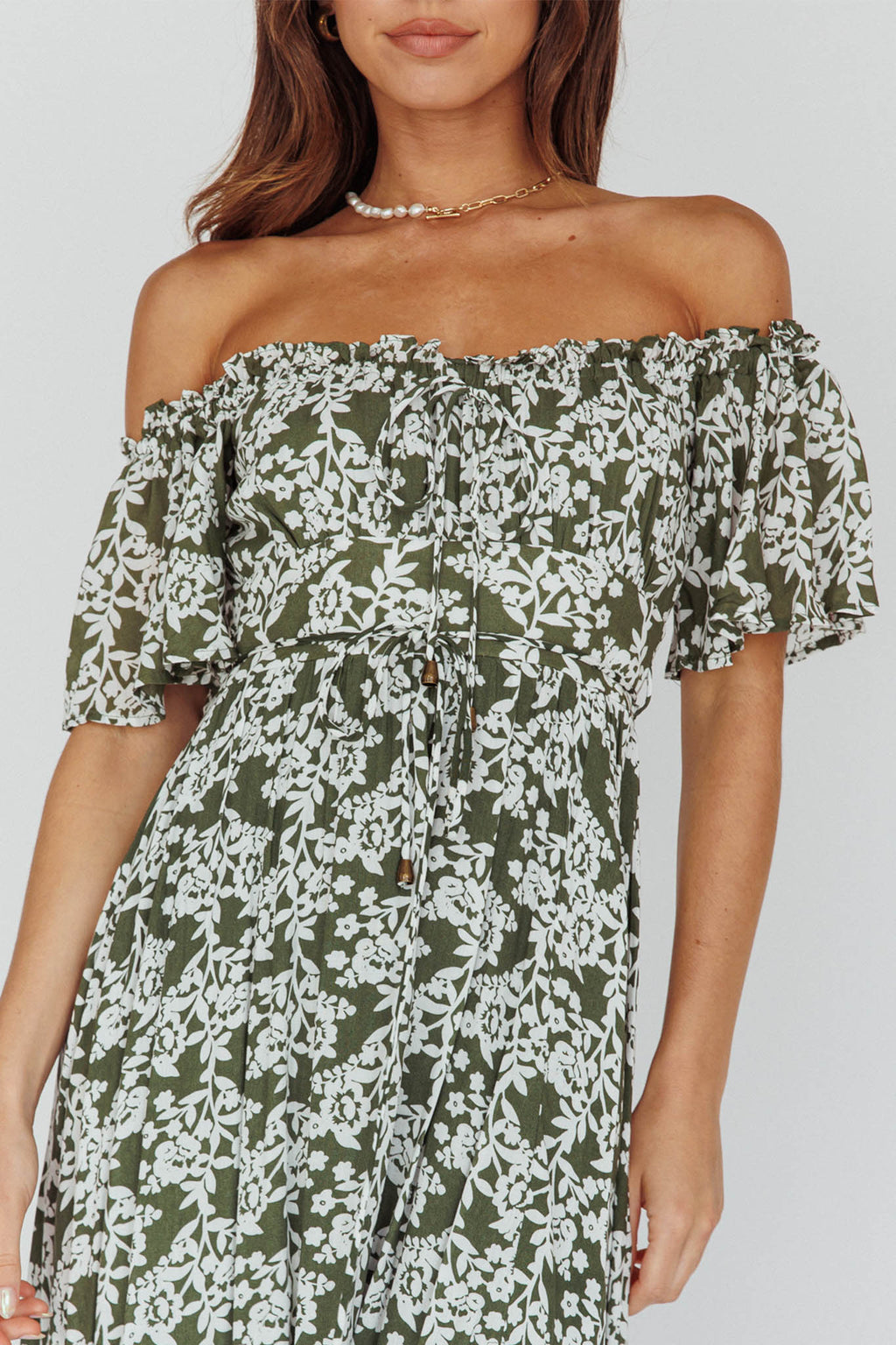 Voyager Off-Shoulder Bell Sleeve Midi Dress Floral Green