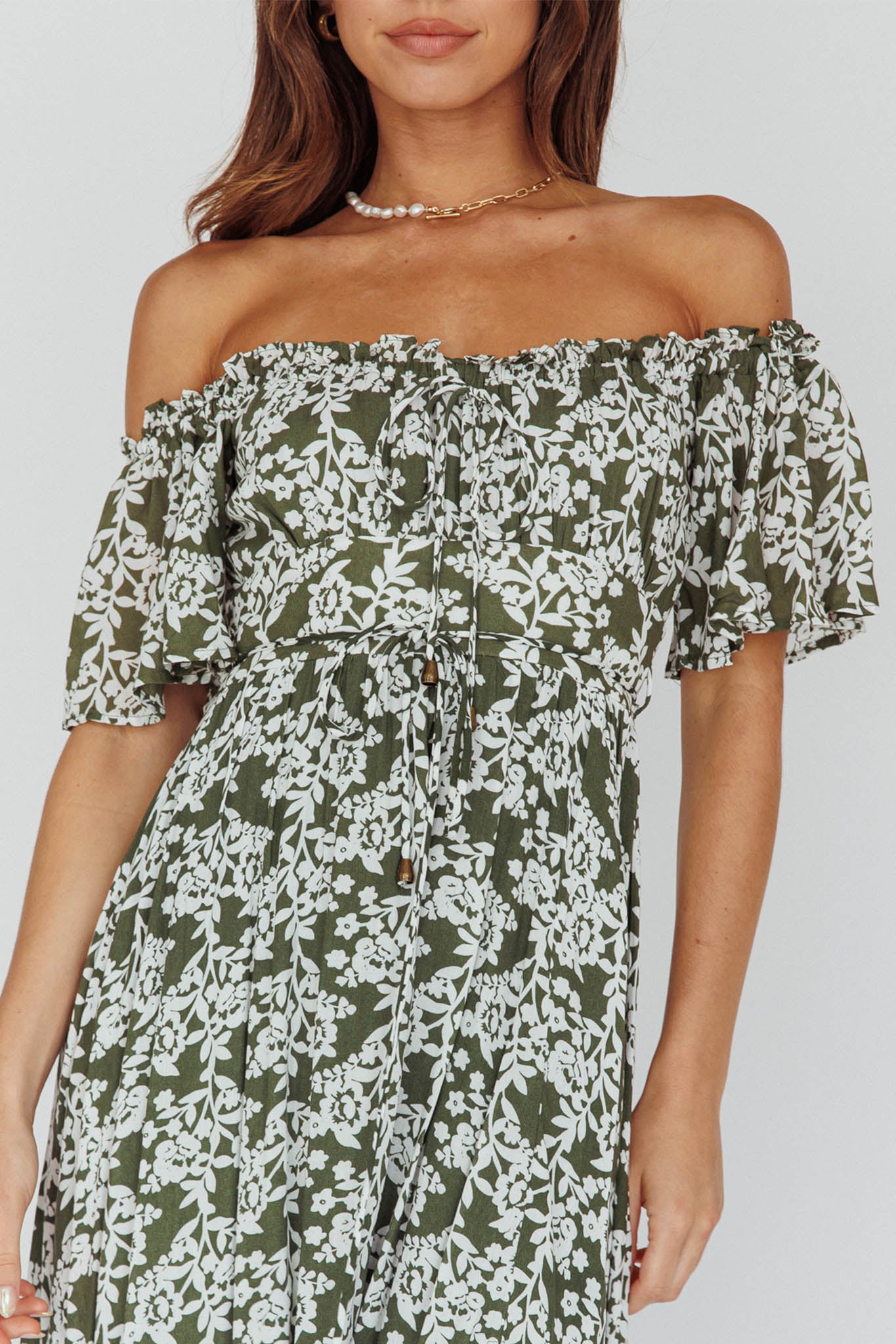 Voyager Off-Shoulder Bell Sleeve Midi Dress Floral Green by Selfie Leslie