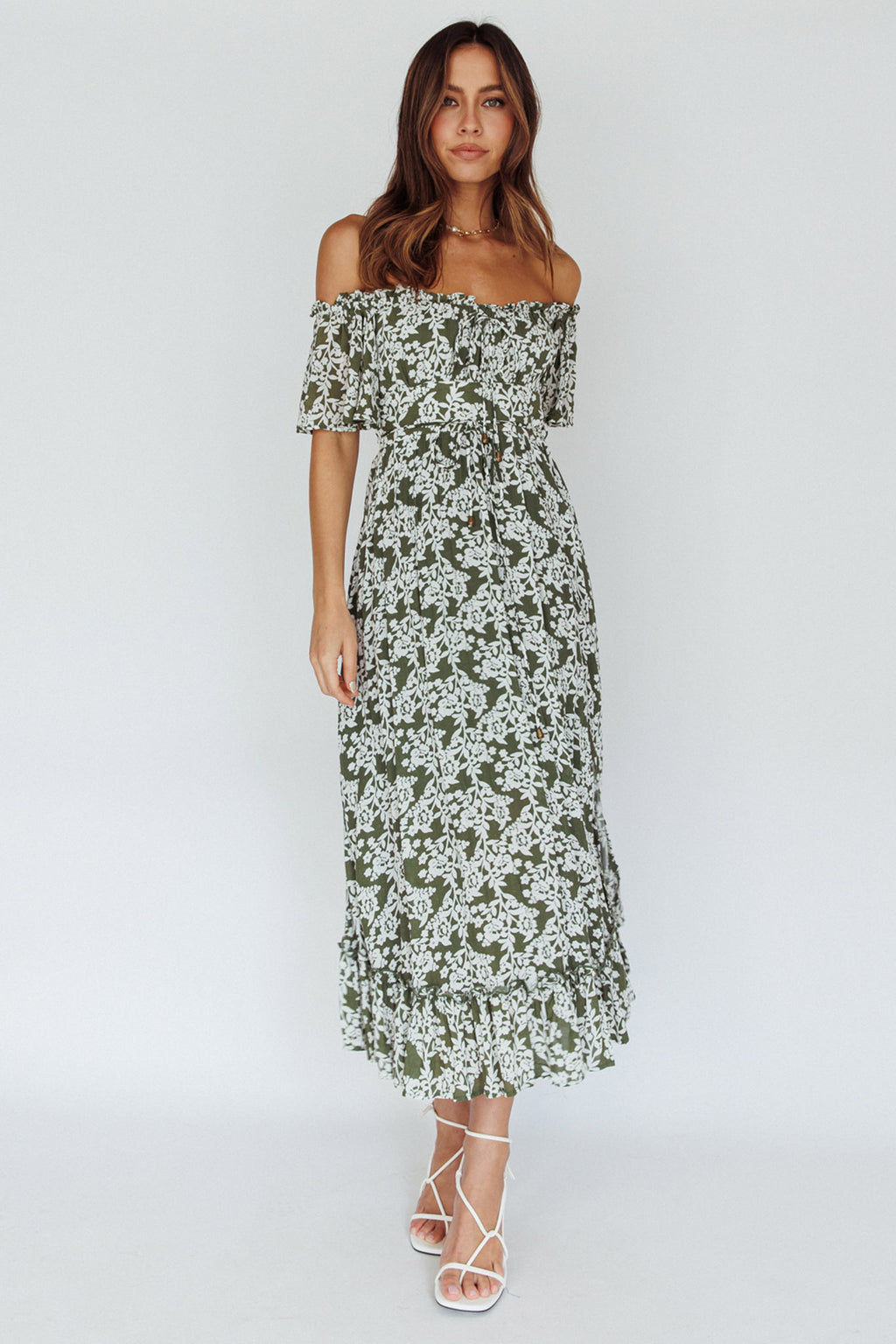 Voyager Off-Shoulder Bell Sleeve Midi Dress Floral Green by Selfie Leslie