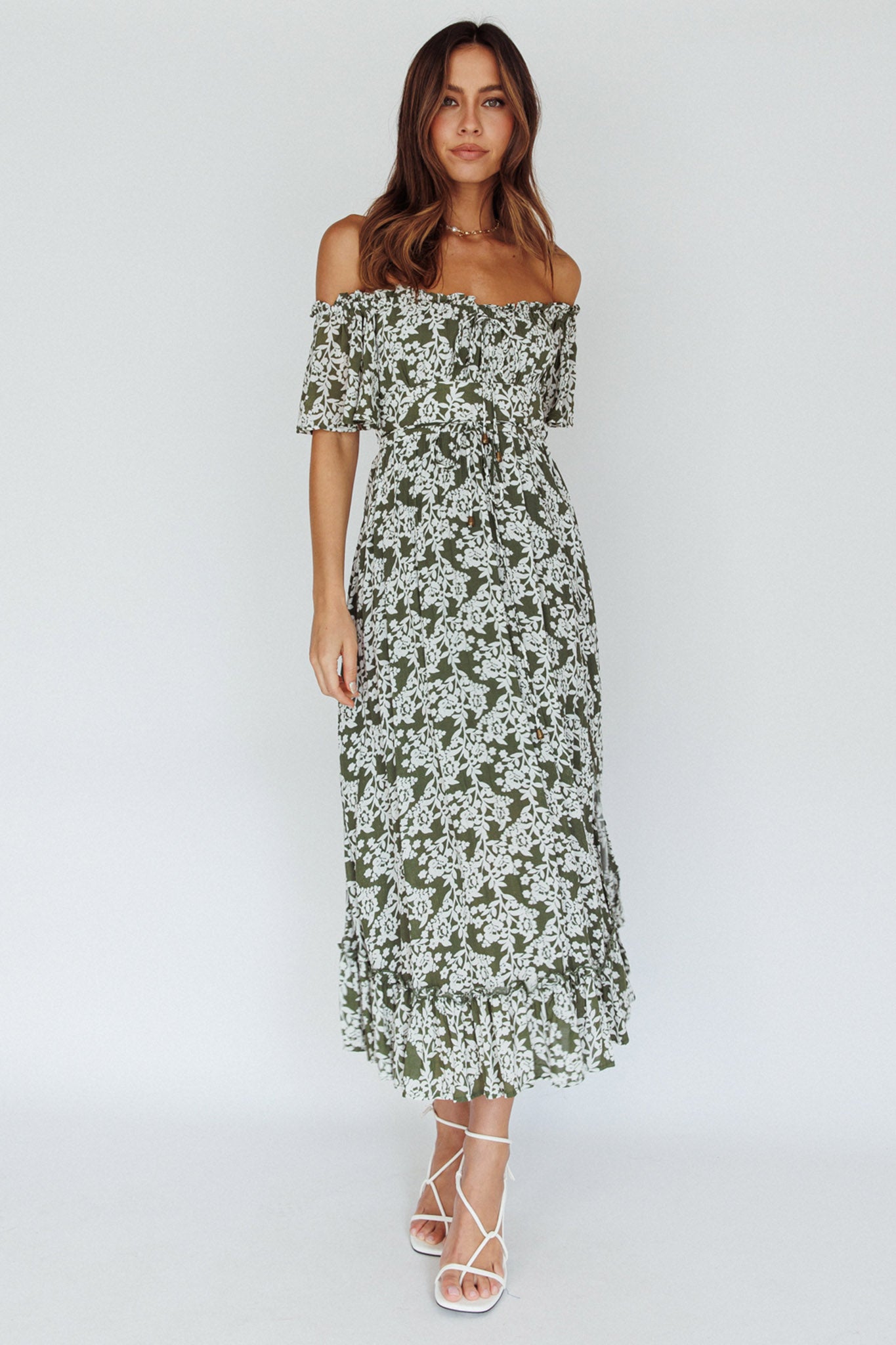 Voyager Off-Shoulder Bell Sleeve Midi Dress Floral Green by Selfie Leslie