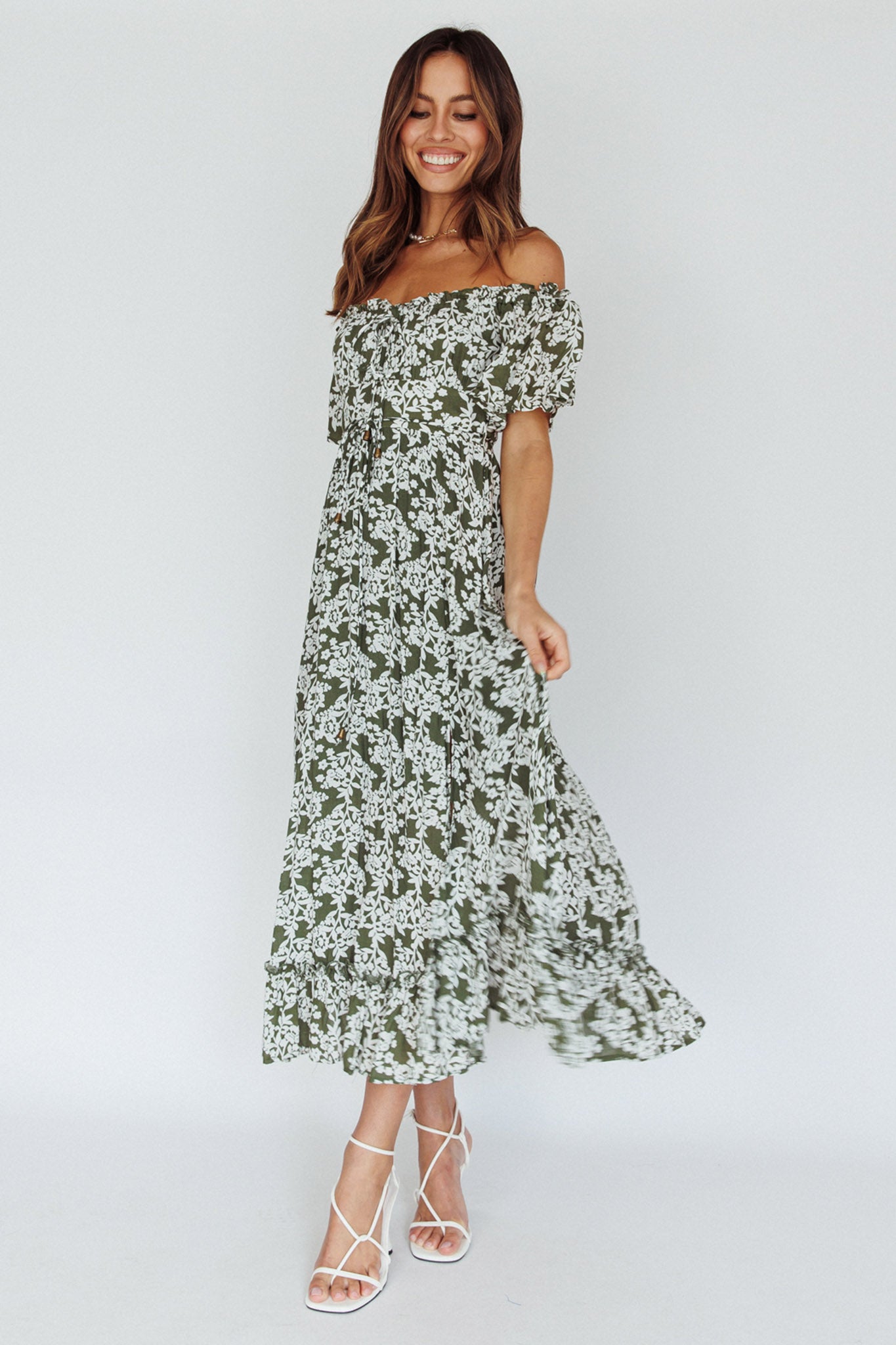 Voyager Off-Shoulder Bell Sleeve Midi Dress Floral Green | Selfie Leslie Voyager Off-Shoulder Bell Sleeve Midi Dress Floral Green | Selfie Leslie