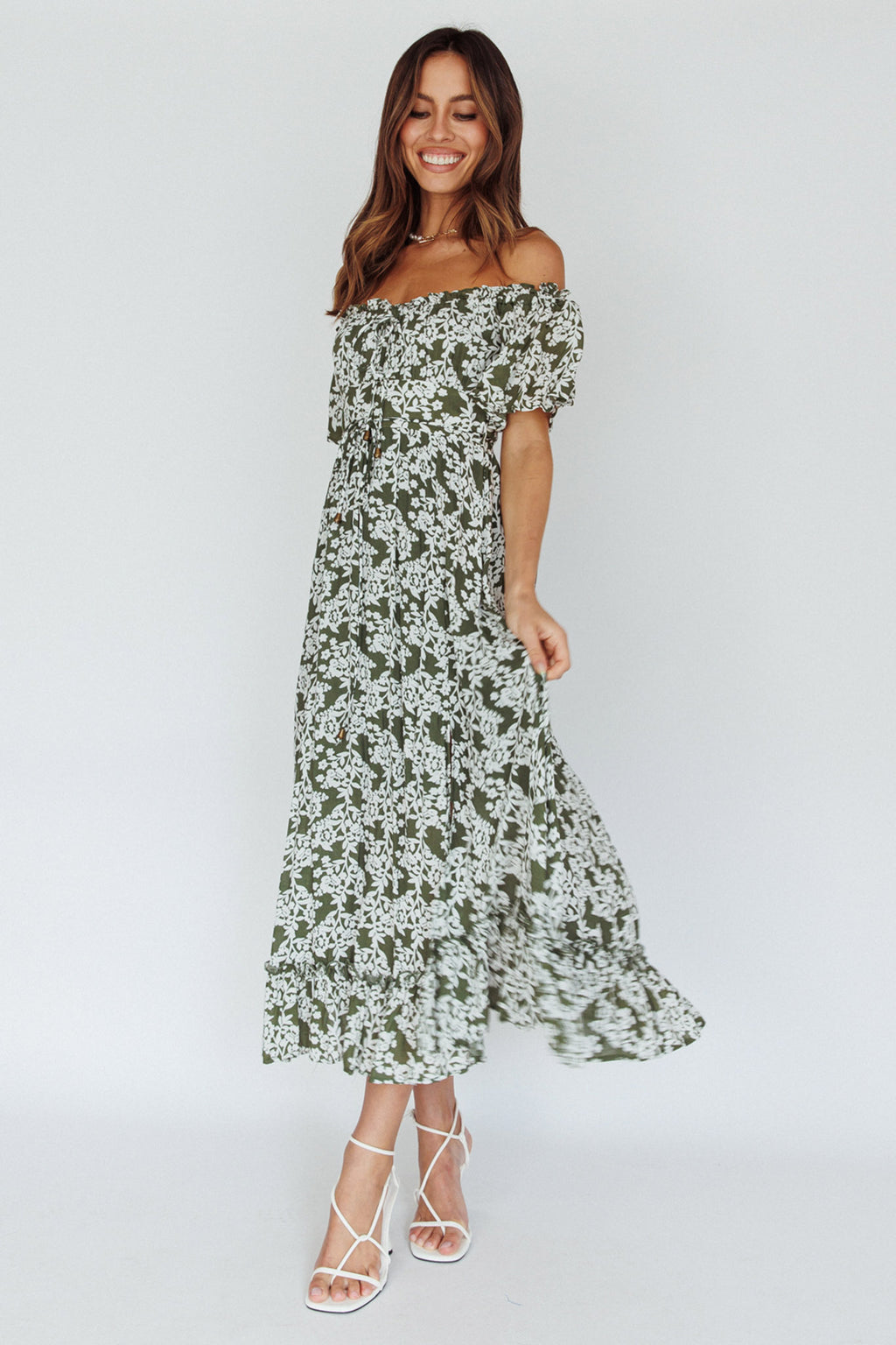 Voyager Off-Shoulder Bell Sleeve Midi Dress Floral Green by Selfie Leslie