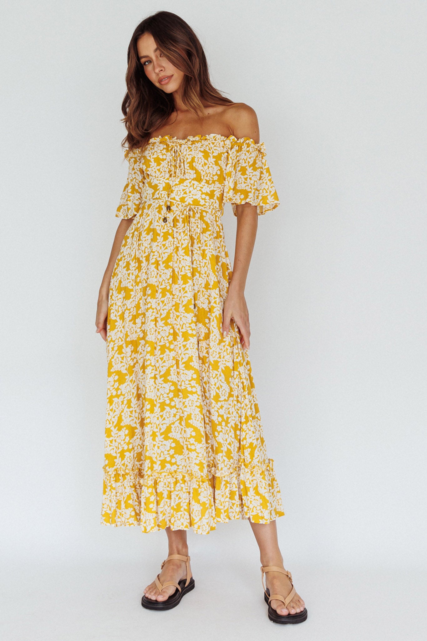 Voyager Off-Shoulder Bell Sleeve Midi Dress Floral Yellow by Selfie Leslie