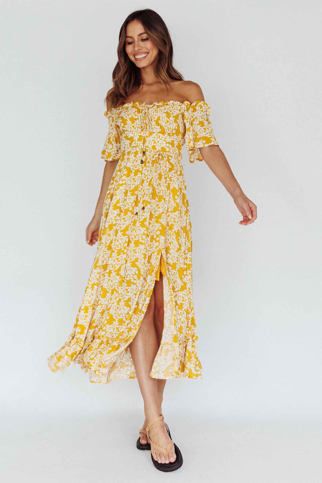 Voyager Off-Shoulder Bell Sleeve Midi Dress Floral Yellow by Selfie Leslie