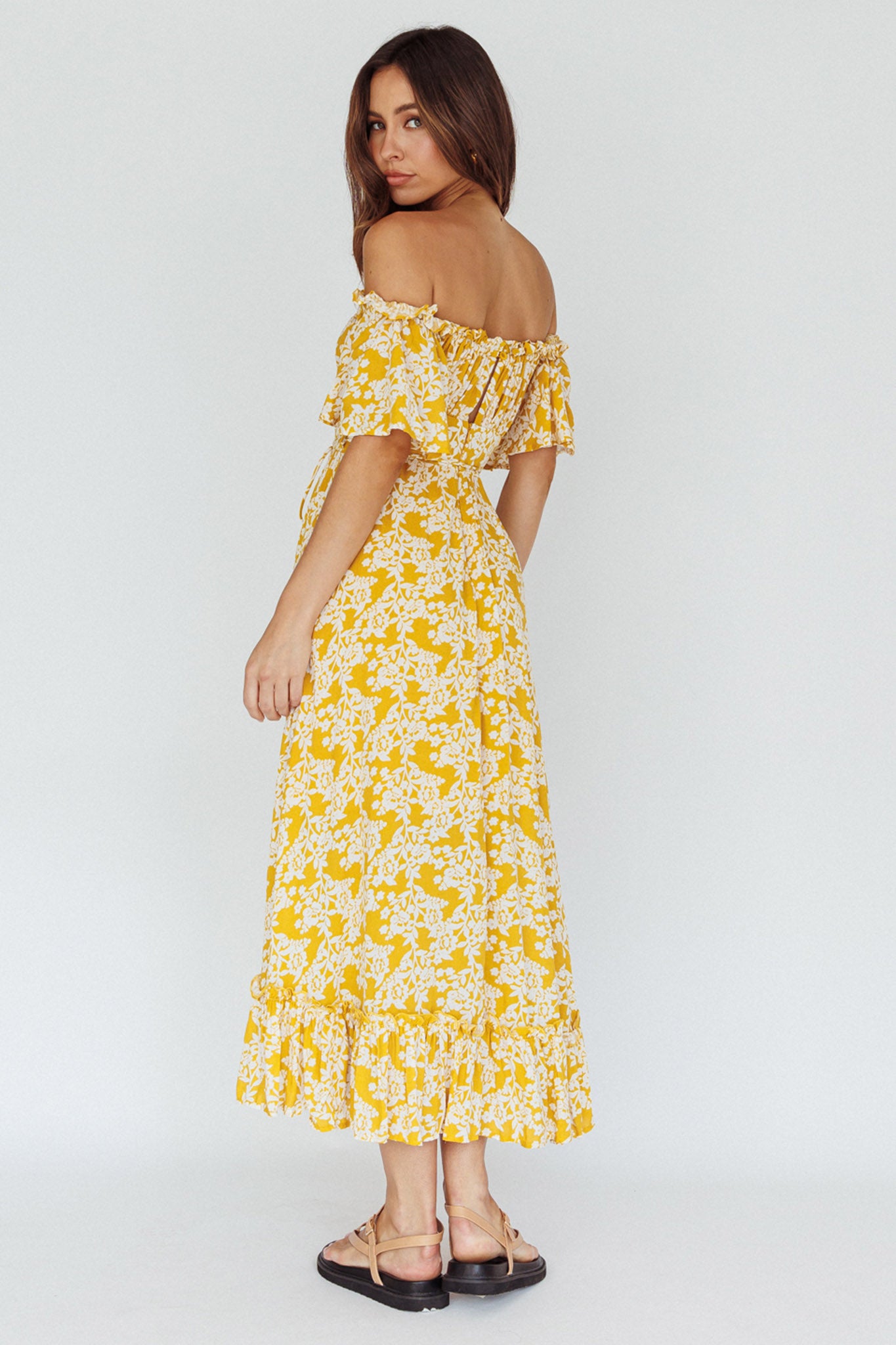 Voyager Off-Shoulder Bell Sleeve Midi Dress Floral Yellow by Selfie Leslie