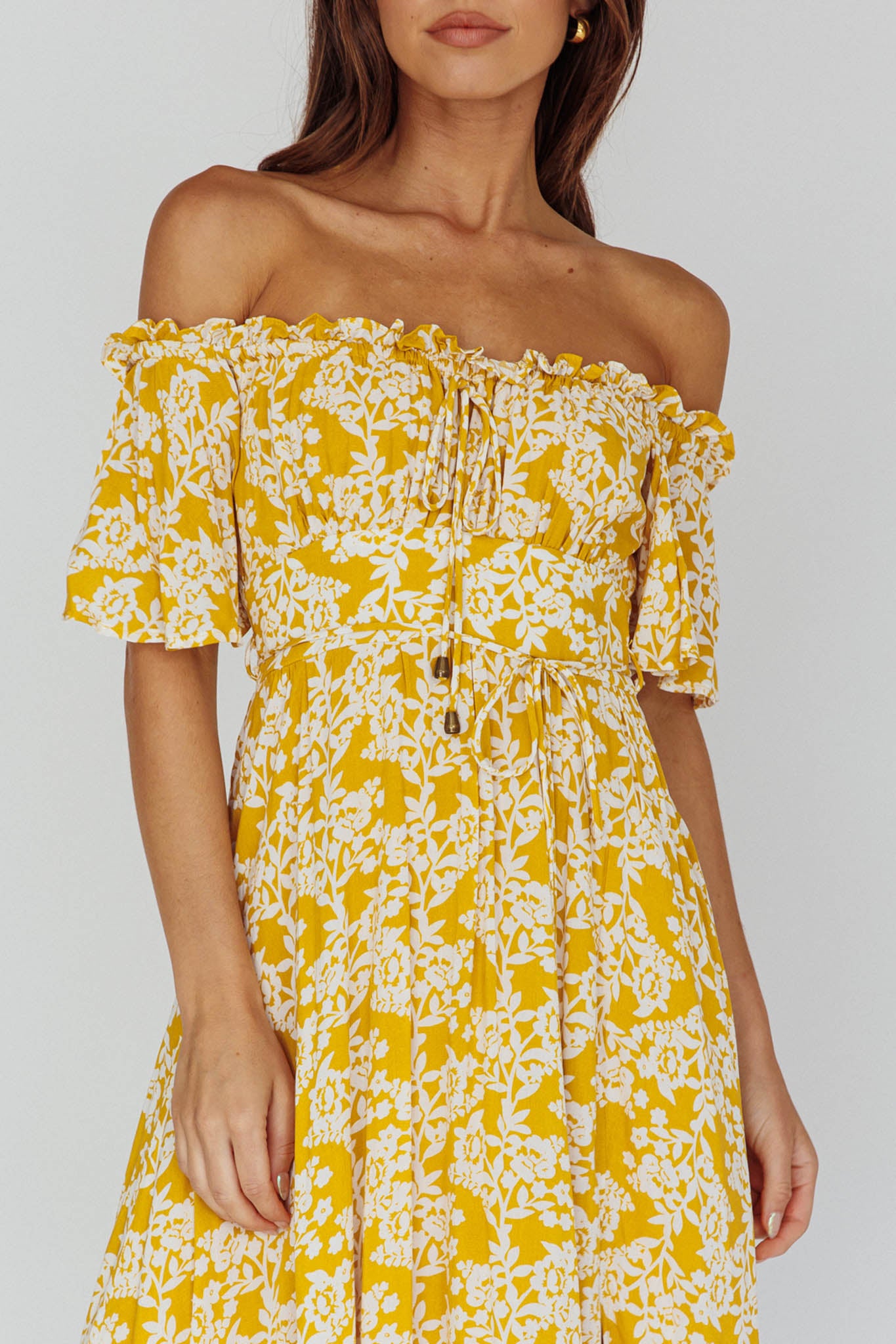Voyager Off-Shoulder Bell Sleeve Midi Dress Floral Yellow by Selfie Leslie