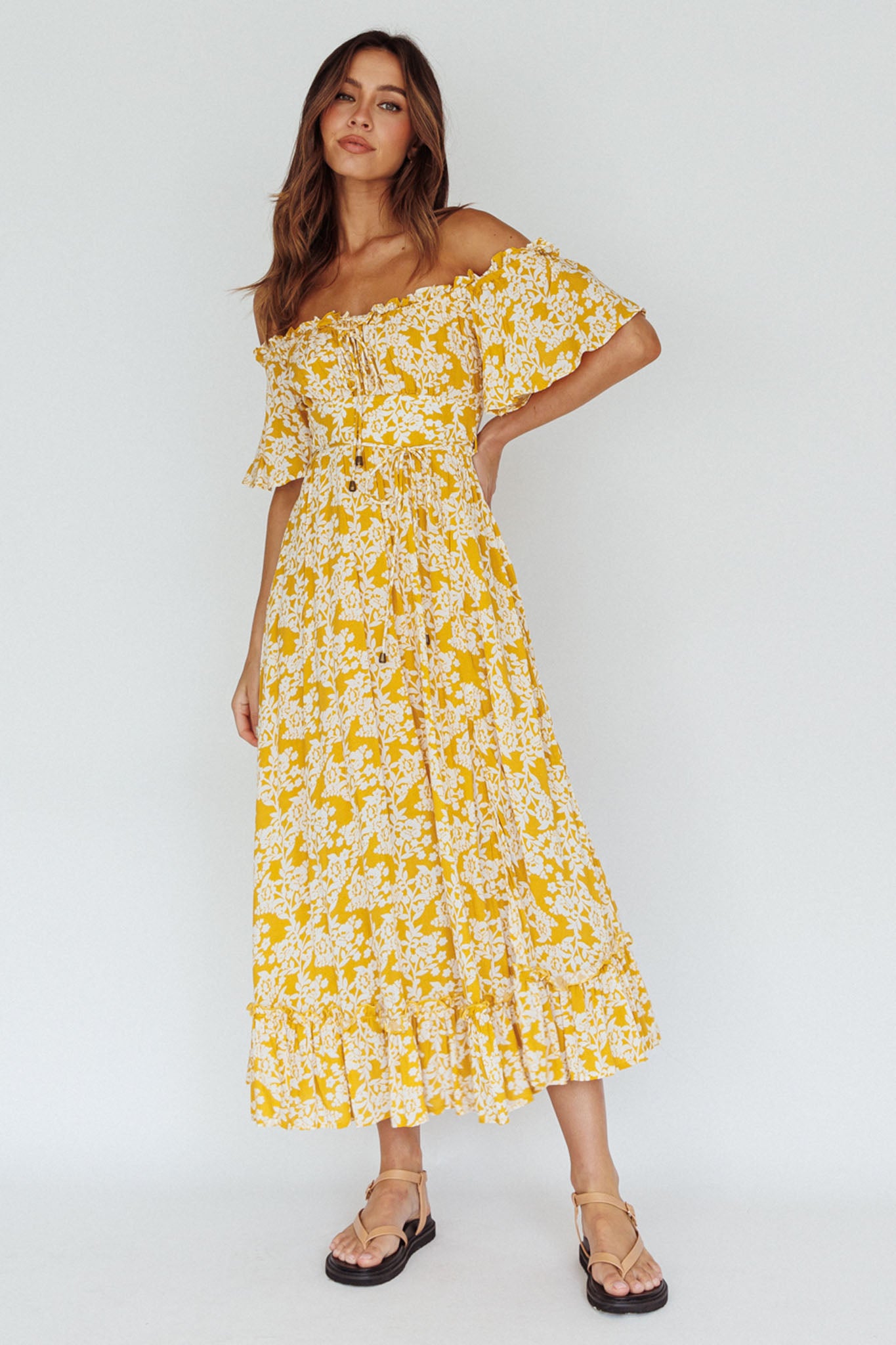 Voyager Off-Shoulder Bell Sleeve Midi Dress Floral Yellow by Selfie Leslie