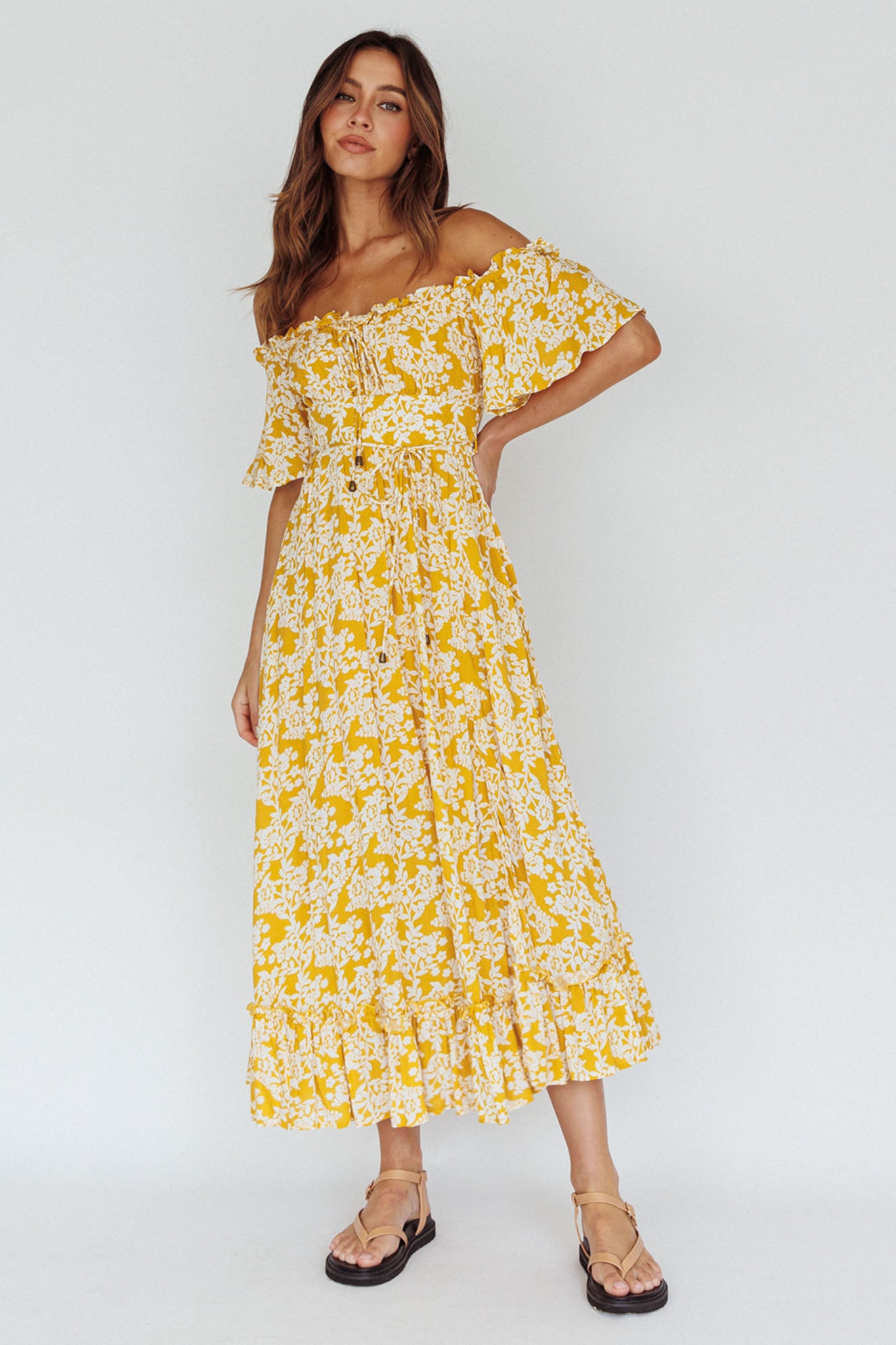 Shop the Voyager Off-Shoulder Bell Sleeve Midi Dress Floral Yellow ...