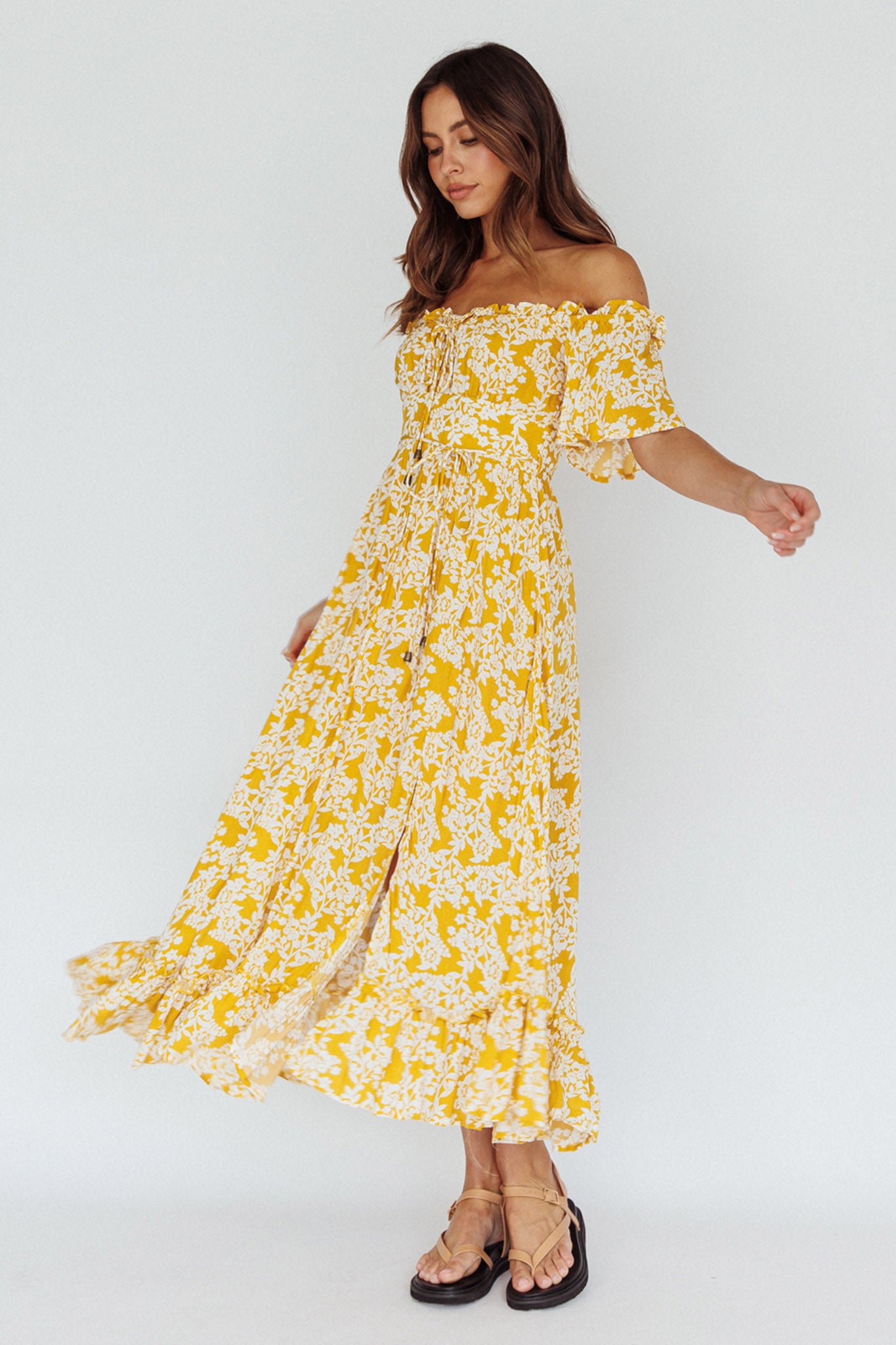 Voyager Off-Shoulder Bell Sleeve Midi Dress Floral Yellow by Selfie Leslie