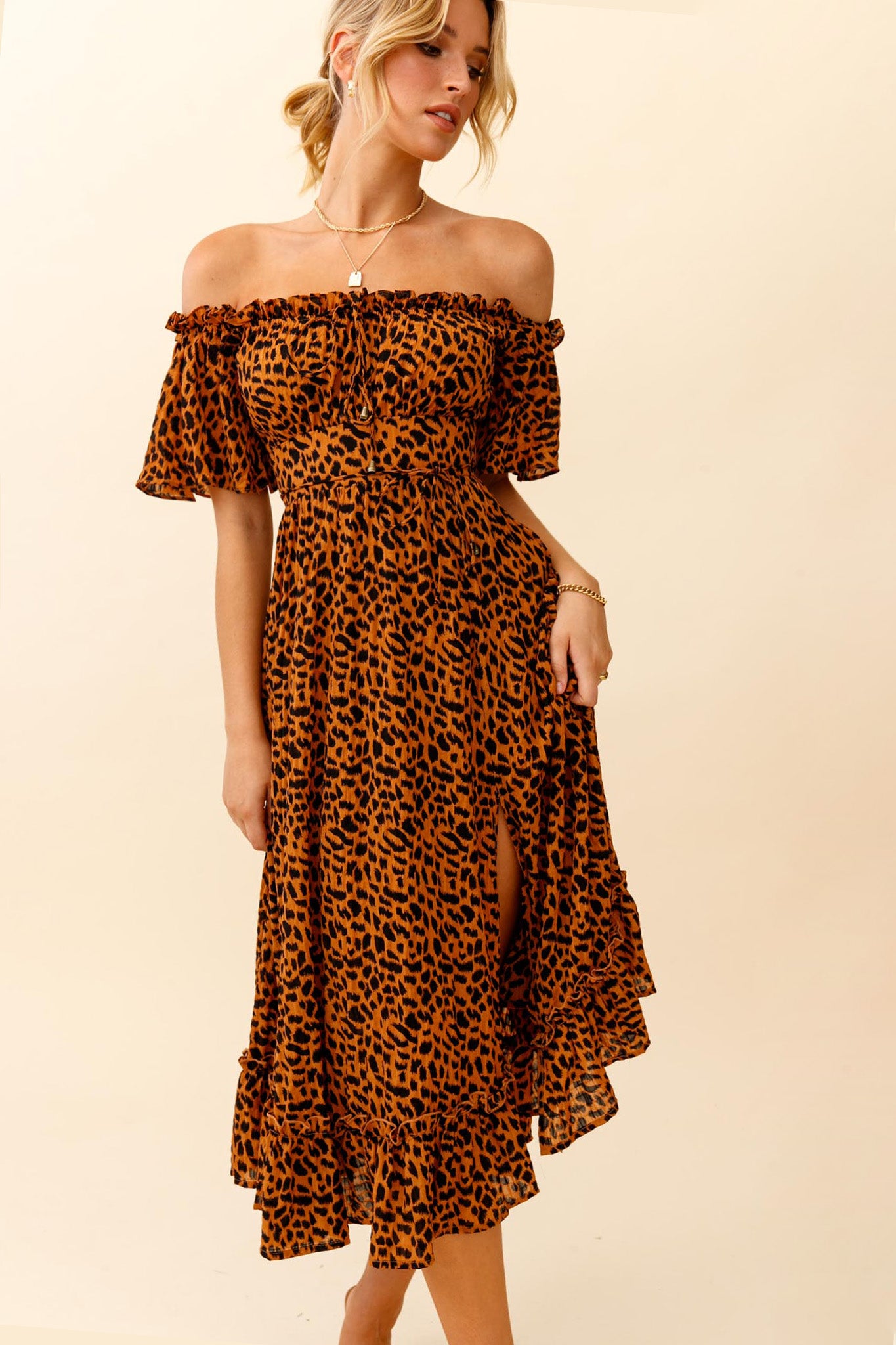 Voyager Off-Shoulder Bell Sleeve Midi Dress Leopard Print Brown by Selfie Leslie