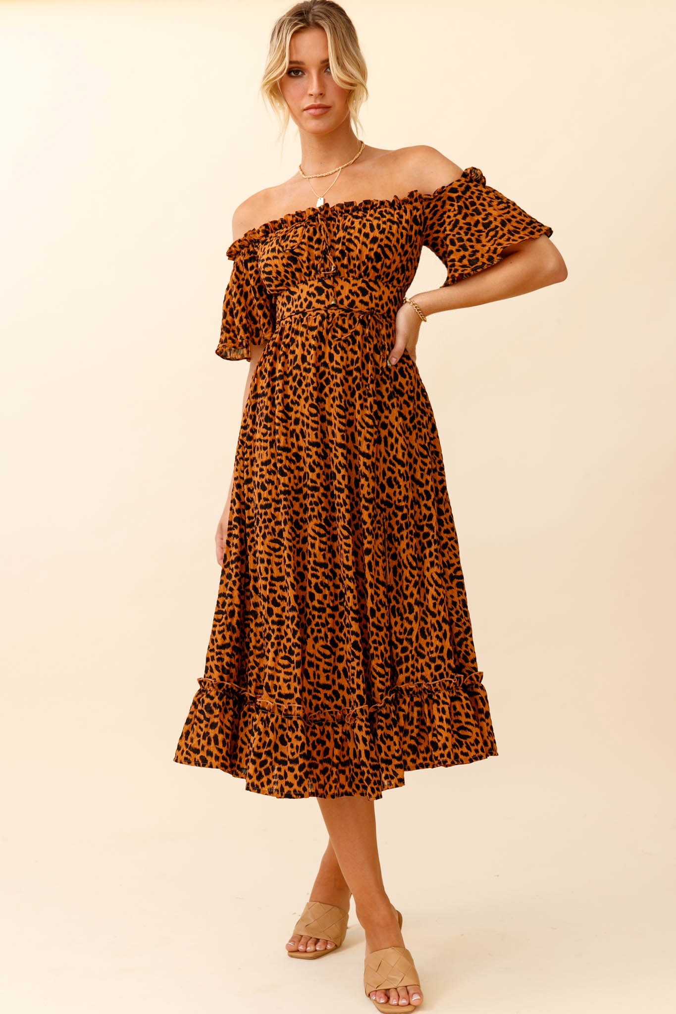 Voyager Off-Shoulder Bell Sleeve Midi Dress Leopard Print Brown by Selfie Leslie
