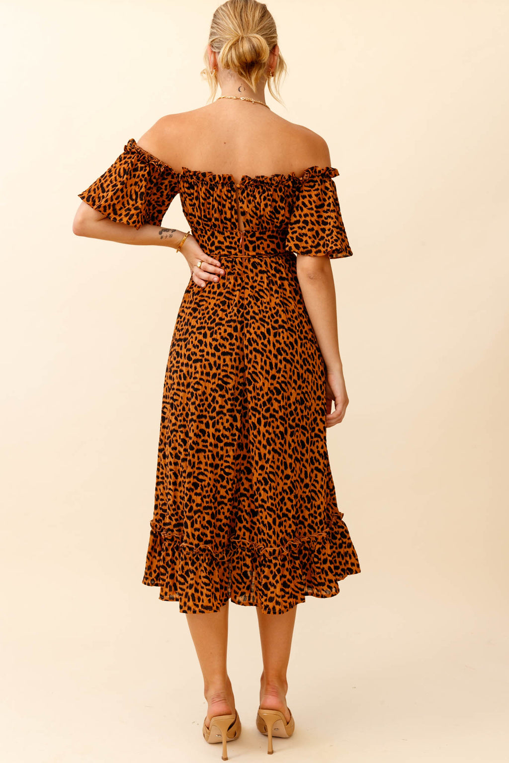 Voyager Off-Shoulder Bell Sleeve Midi Dress Leopard Print Brown by Selfie Leslie