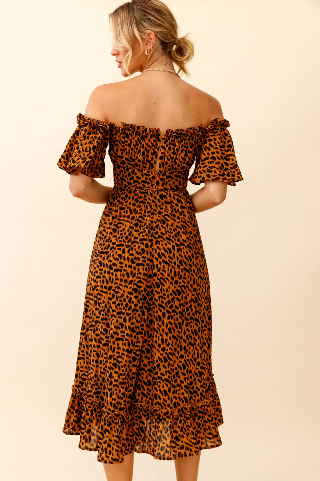 Voyager Off-Shoulder Bell Sleeve Midi Dress Leopard Print Brown by Selfie Leslie