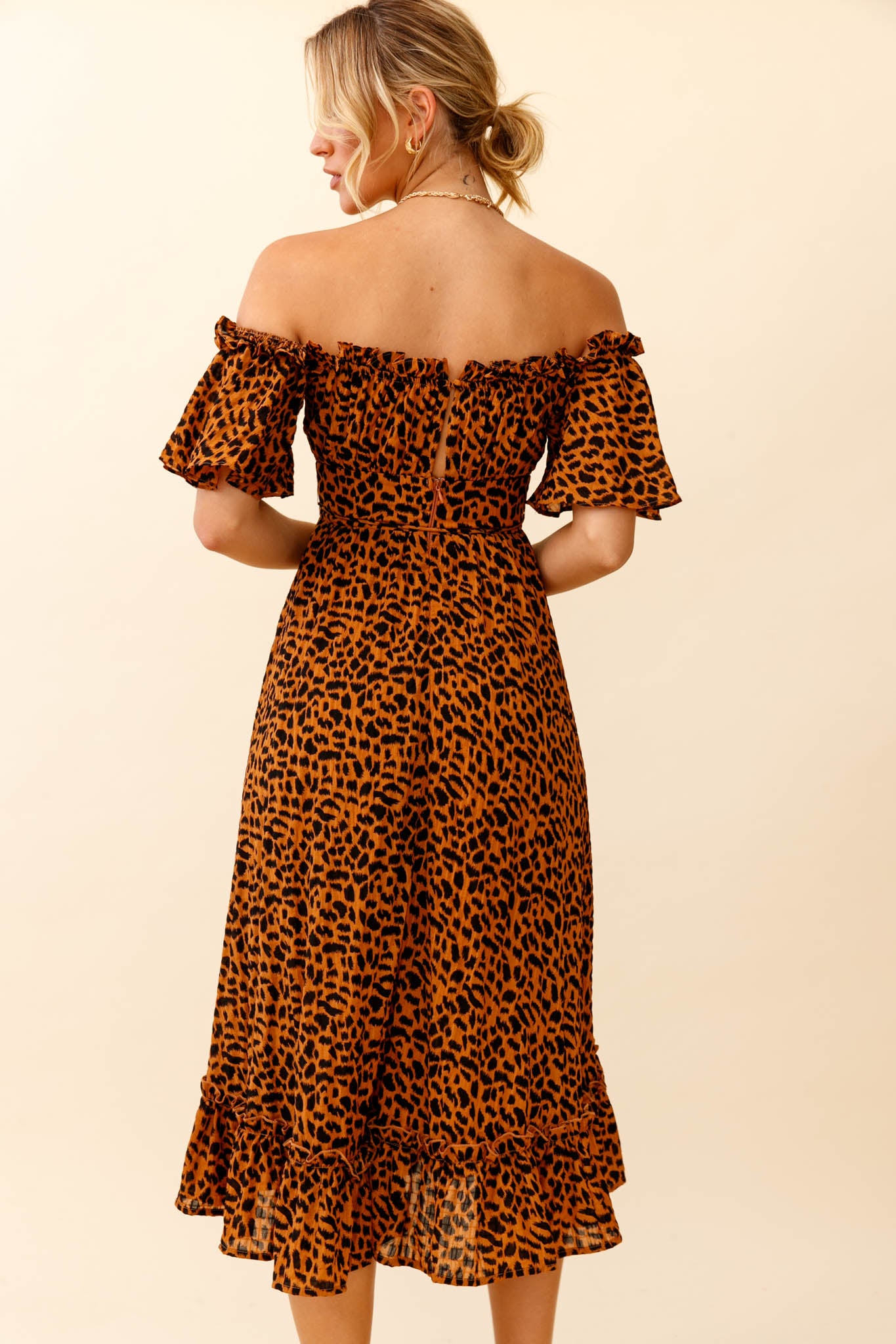 Voyager Off-Shoulder Bell Sleeve Midi Dress Leopard Print Brown by Selfie Leslie
