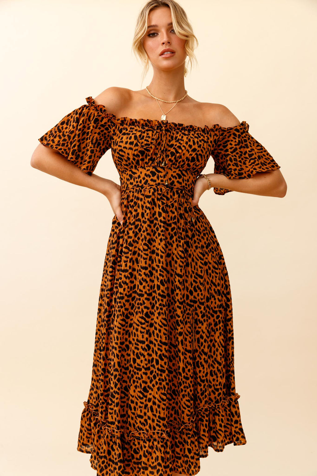 Voyager Off-Shoulder Bell Sleeve Midi Dress Leopard Print Brown by Selfie Leslie