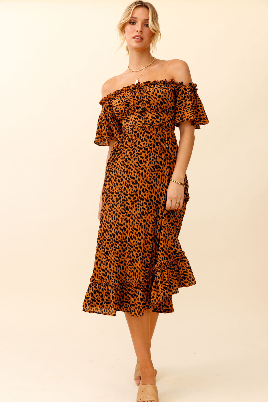 Voyager Off-Shoulder Bell Sleeve Midi Dress Leopard Print Brown by Selfie Leslie