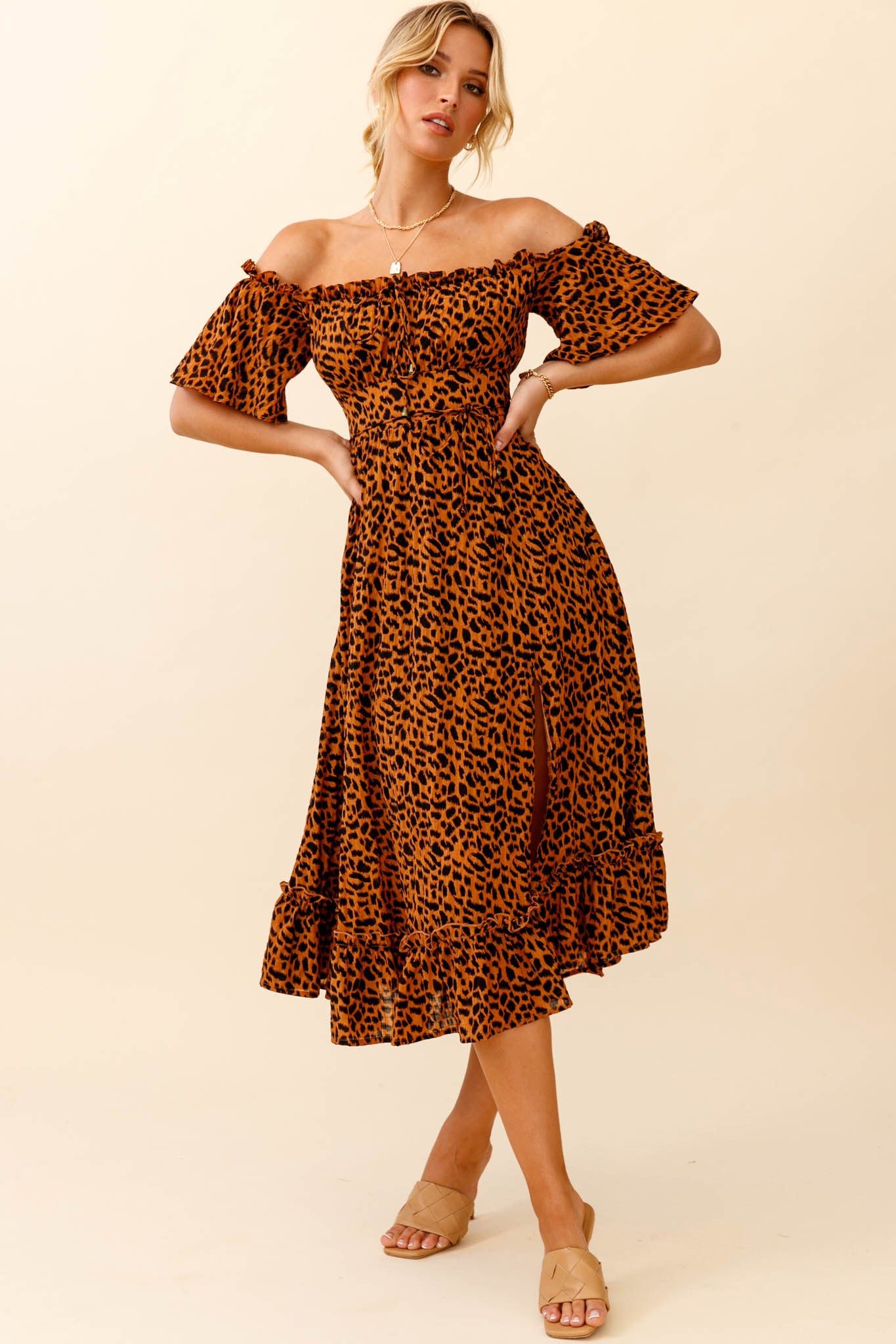 Voyager Off-Shoulder Bell Sleeve Midi Dress Leopard Print Brown by Selfie Leslie