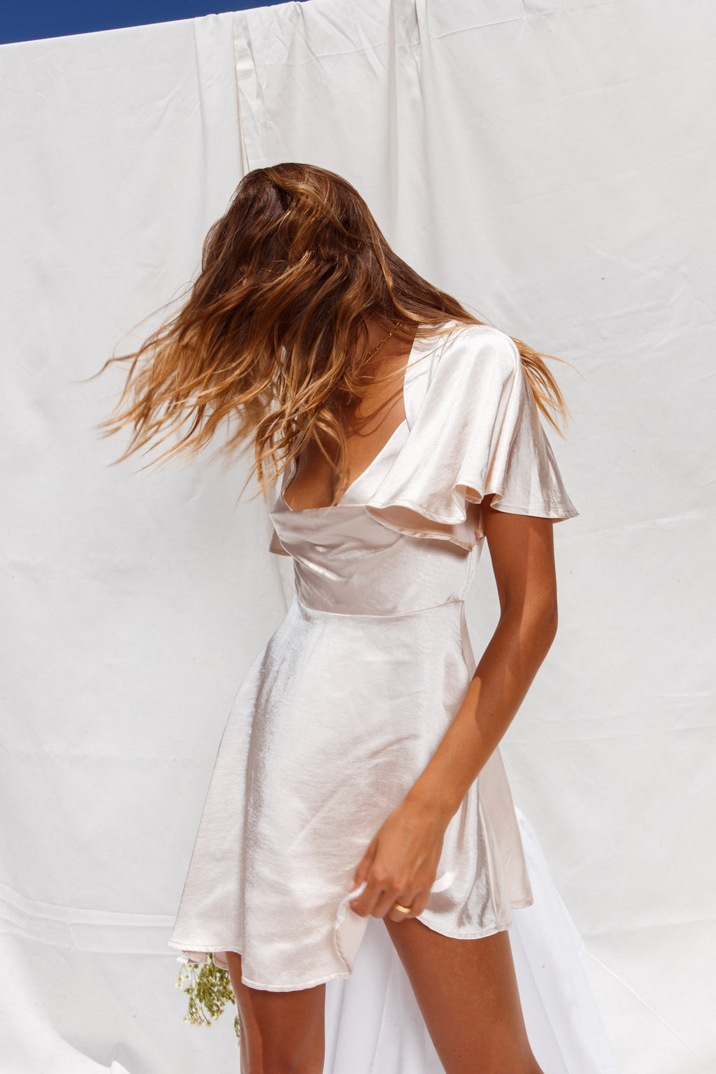 Sydney Angel Sleeve Cowl Neck Satin Dress Champagne by Selfie Leslie