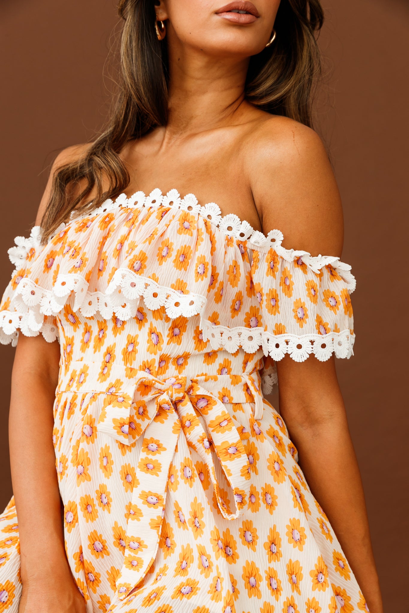 Jalisco Off-Shoulder Waist Tie Romper Floral Print White/Orange by Selfie Leslie