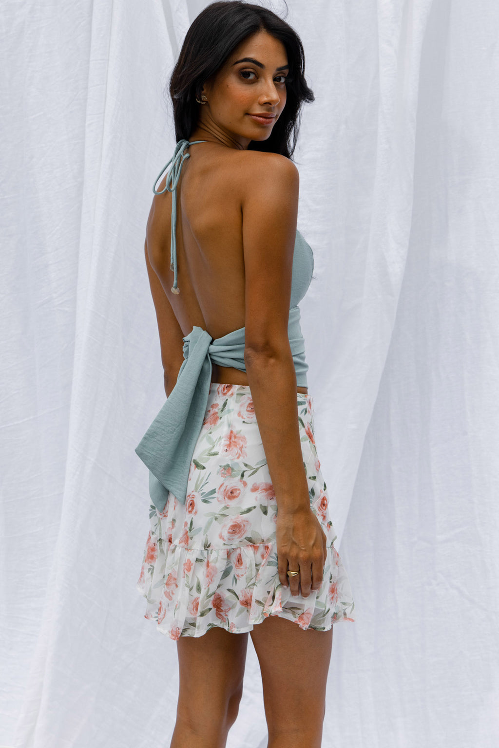 Starshine Halterneck Waist Tie Crop Top Hot Sage by Selfie Leslie