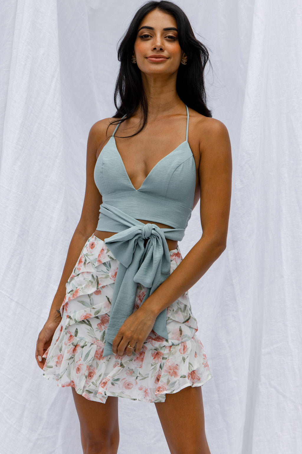 Starshine Halterneck Waist Tie Crop Top Hot Sage by Selfie Leslie
