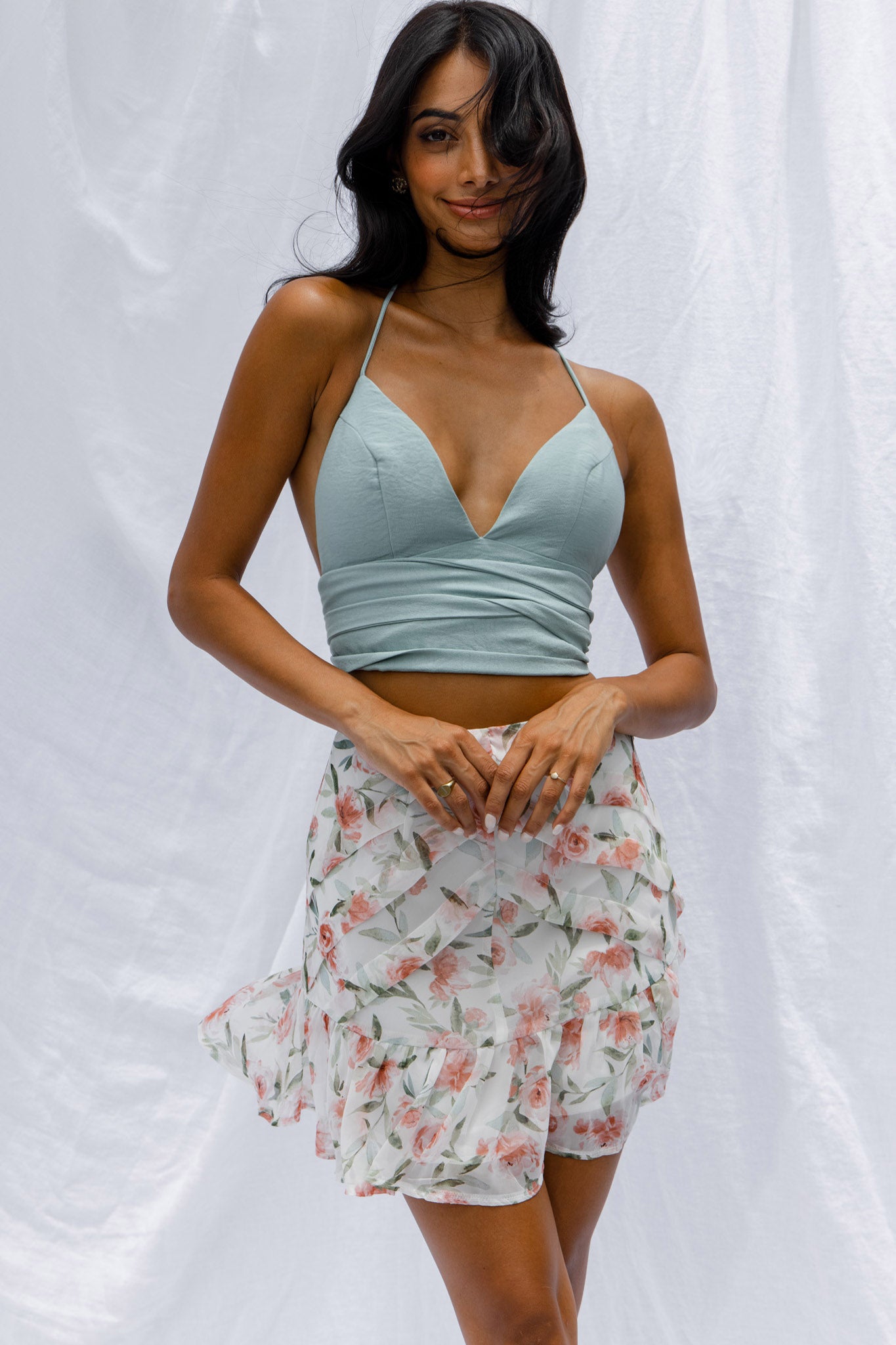 Starshine Halterneck Waist Tie Crop Top Hot Sage by Selfie Leslie