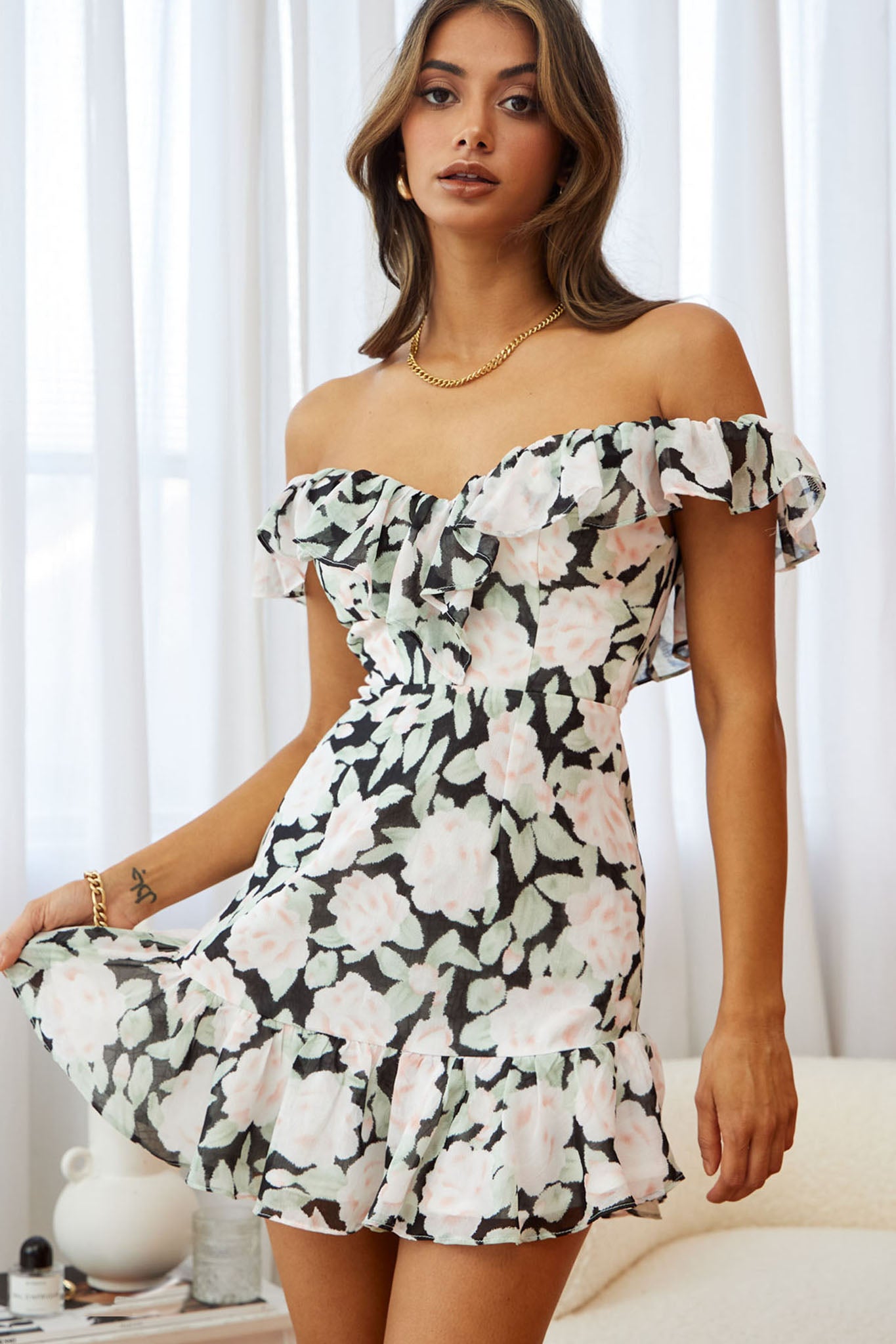 Sweet Melody Sweetheart Neckline Off-Shoulder Dress Floral Print Black/Nude by Selfie Leslie