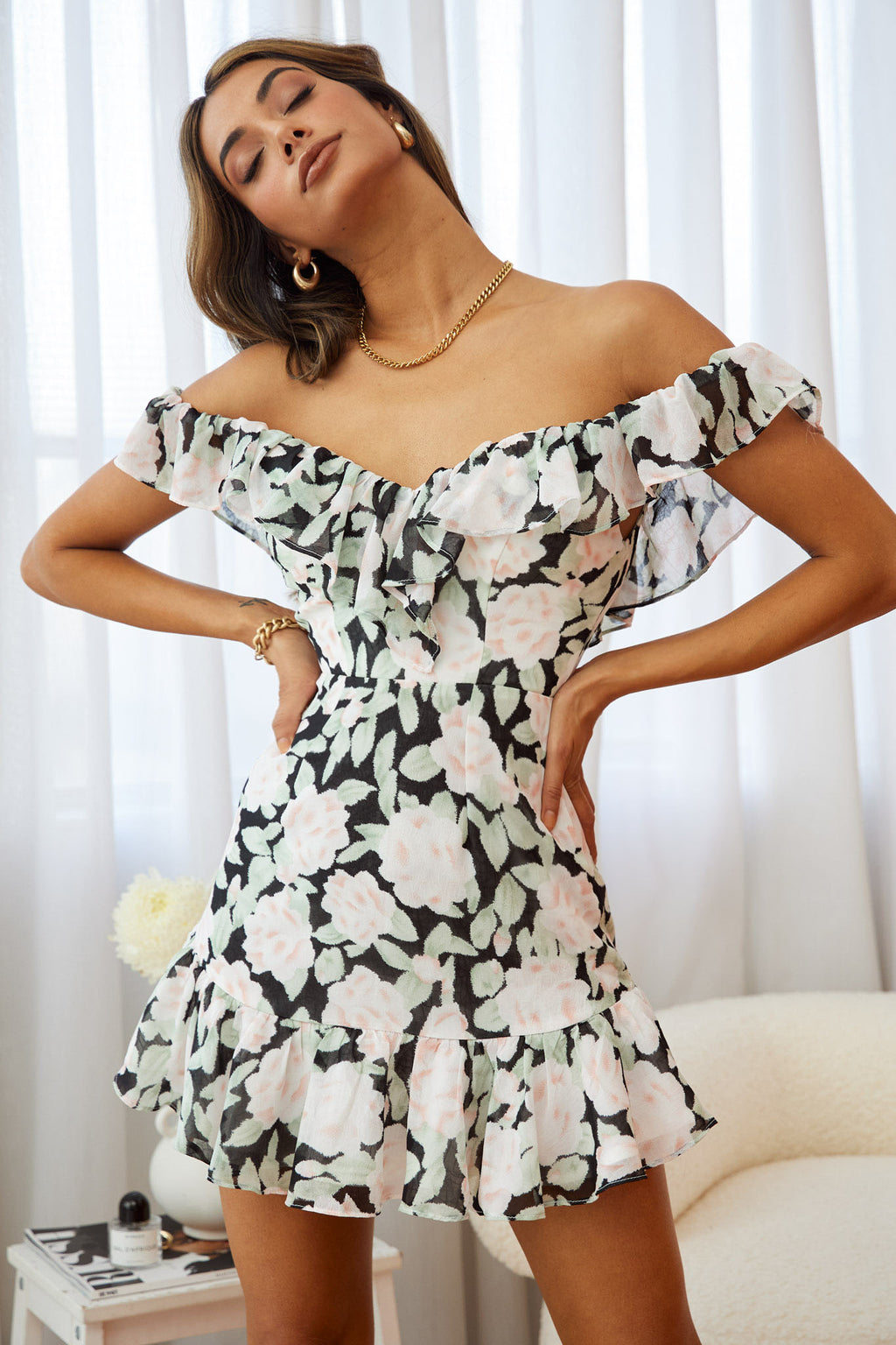 Sweet Melody Sweetheart Neckline Off-Shoulder Dress Floral Print Black/Nude by Selfie Leslie