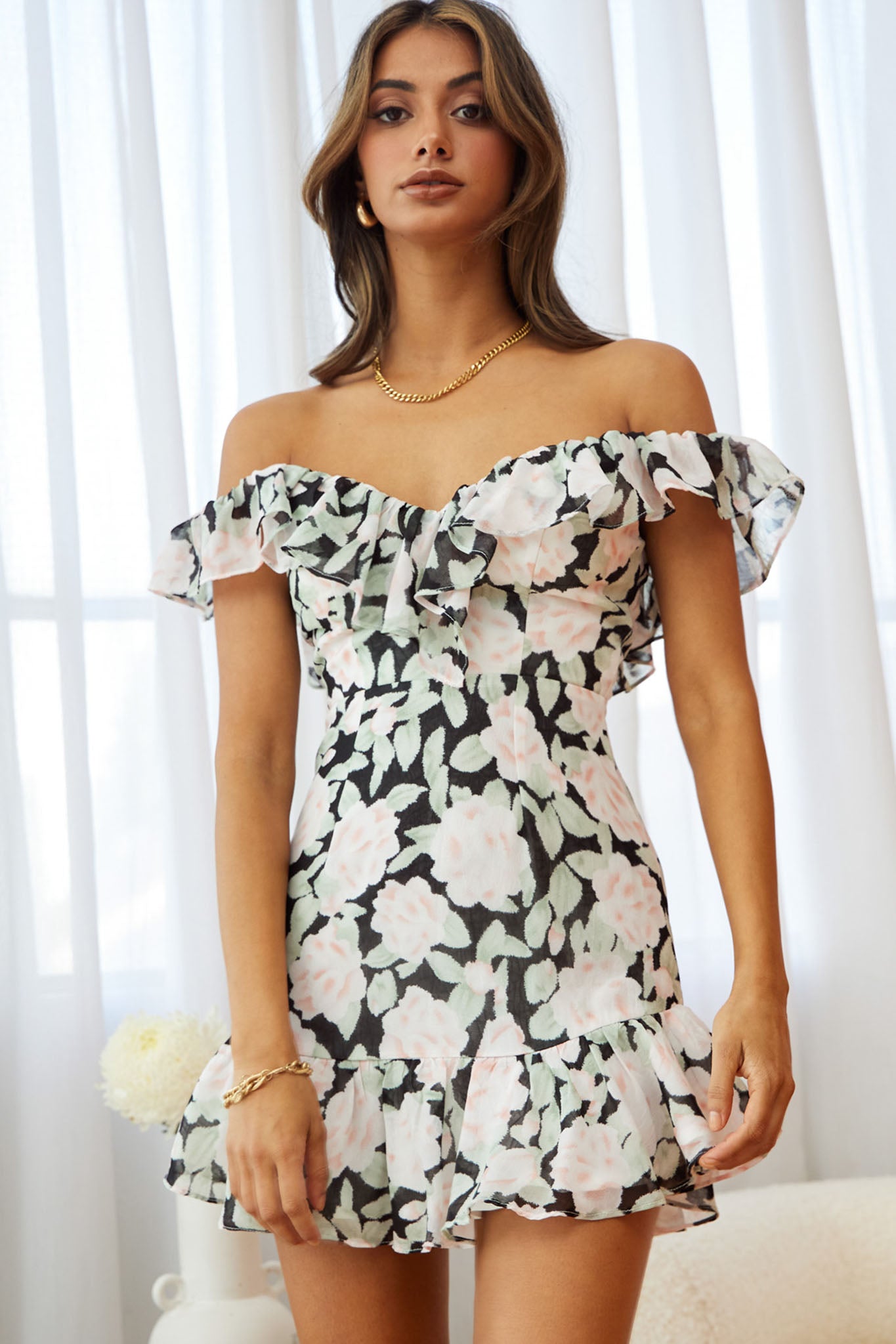 Sweet Melody Sweetheart Neckline Off-Shoulder Dress Floral Print Black/Nude by Selfie Leslie