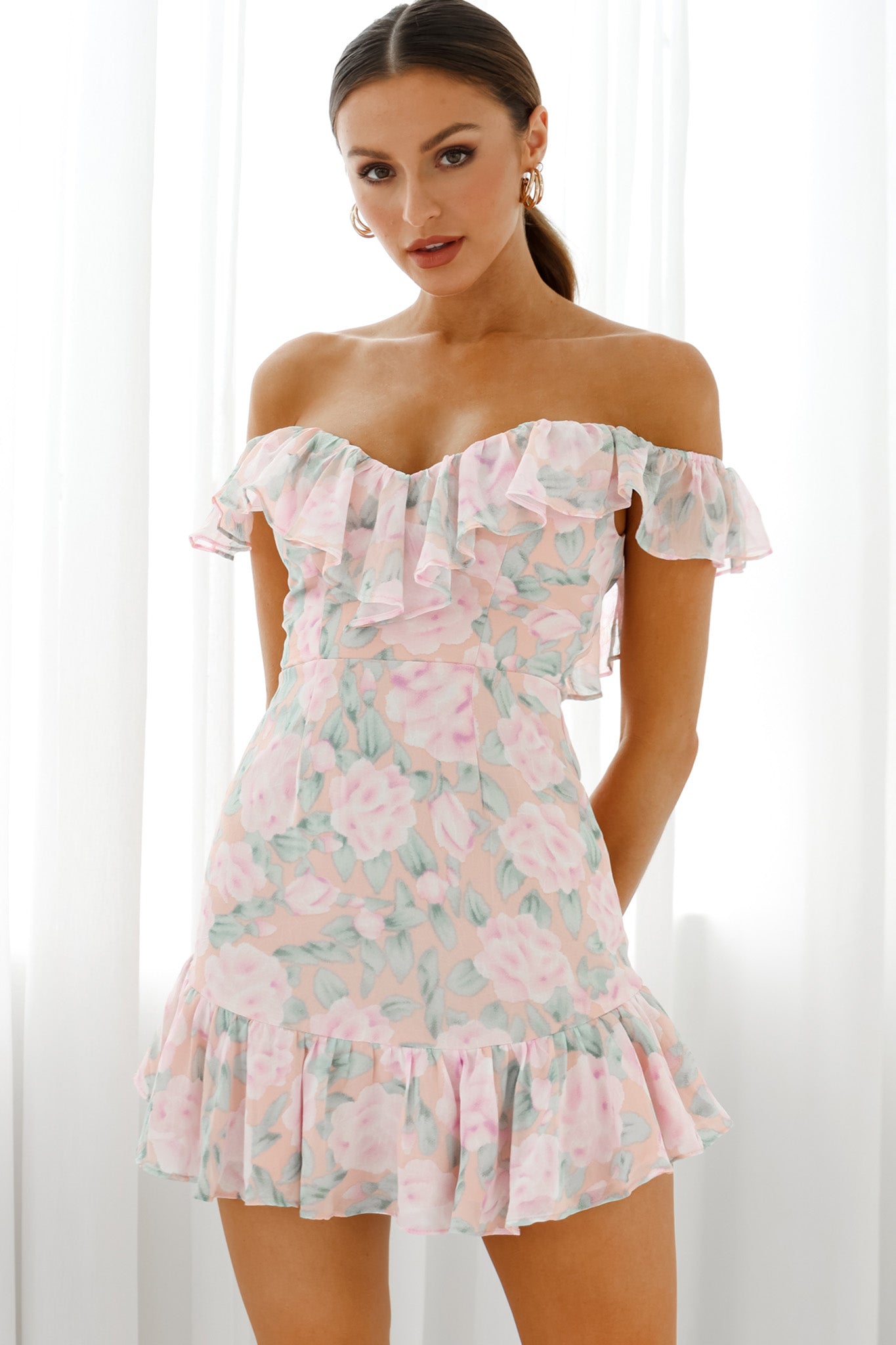 Sweet Melody Sweetheart Neckline Off-Shoulder Dress Floral Print Nude/Pink by Selfie Leslie