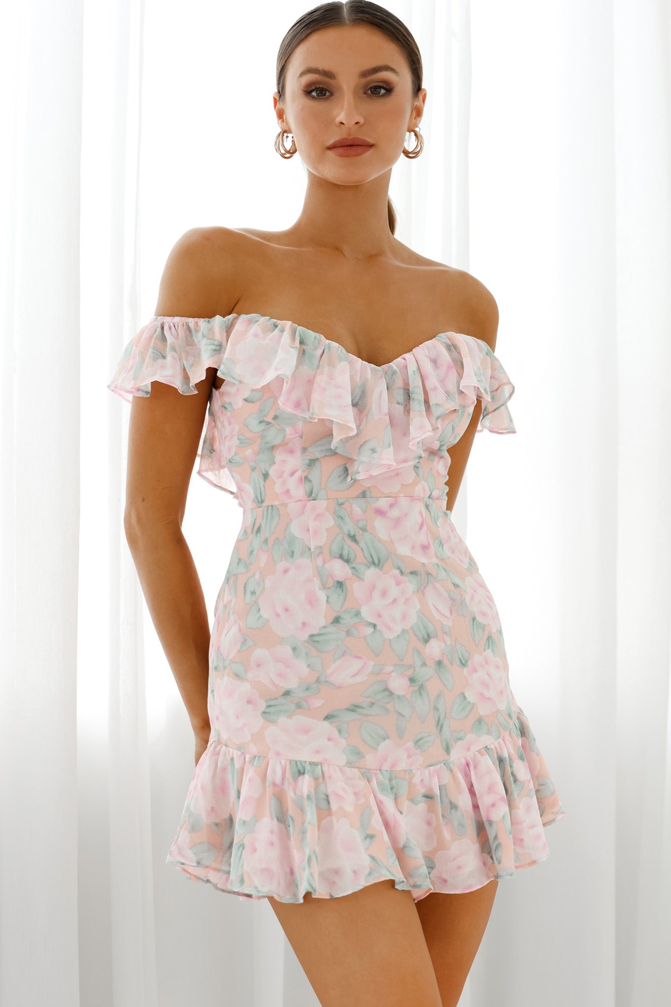 Sweet Melody Sweetheart Neckline Off-Shoulder Dress Floral Print Nude/Pink by Selfie Leslie
