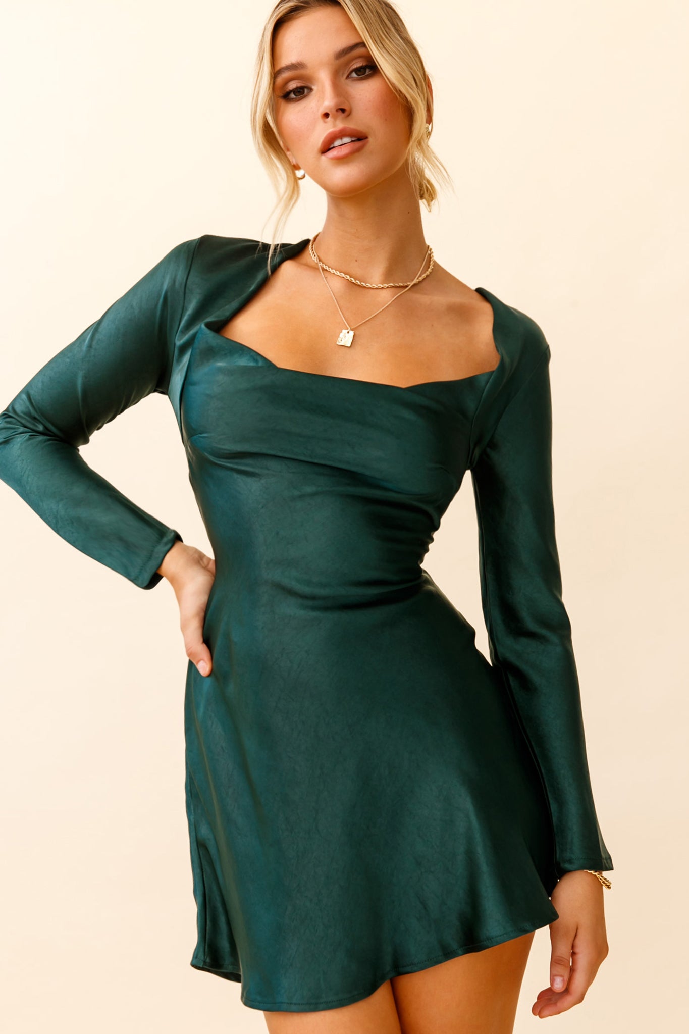 Shop the Solstice Long Sleeve Cowl Neck Mini Dress Forest Green