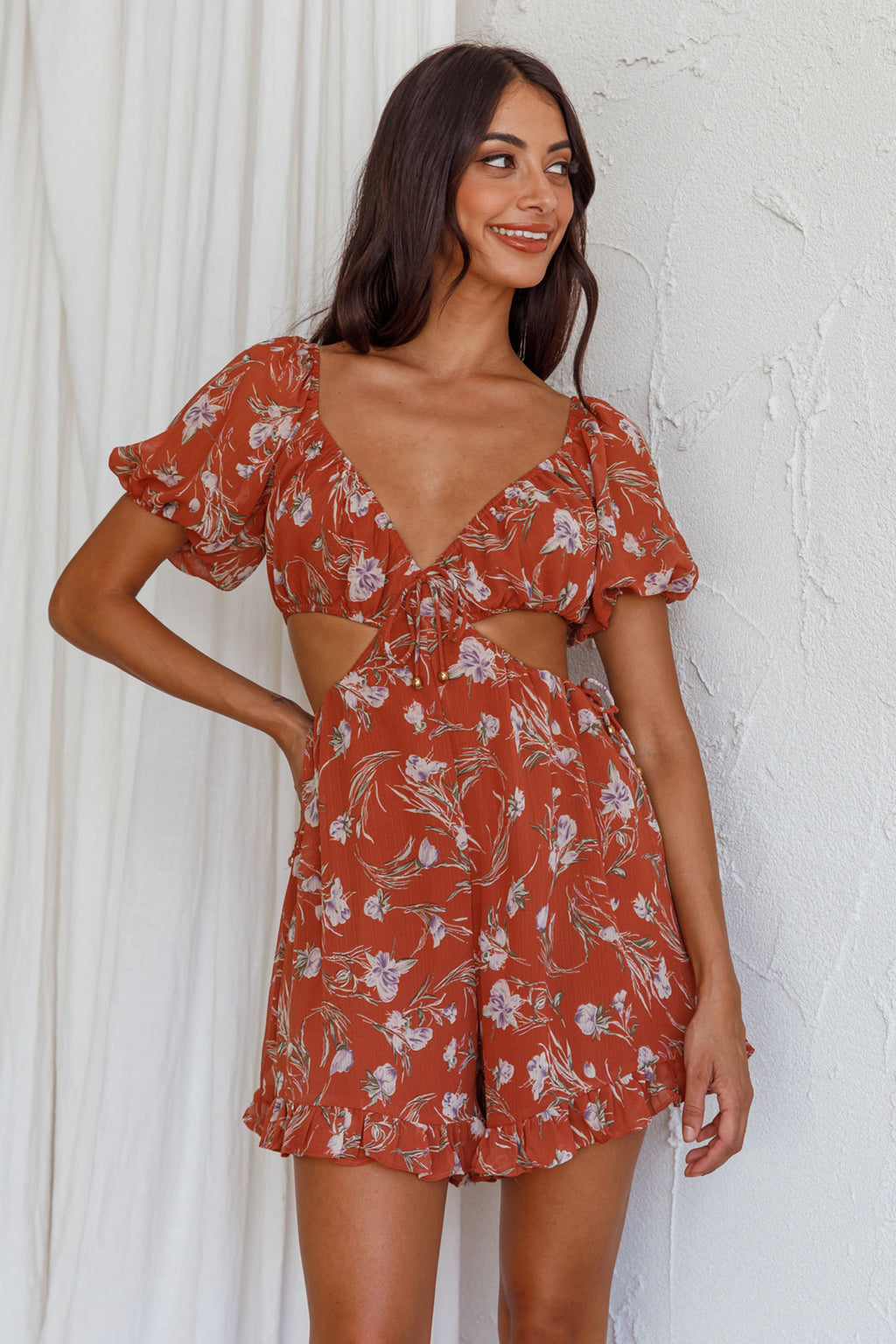 Fancy Free Cut-Out Waist Romper Floral Rose by Selfie Leslie