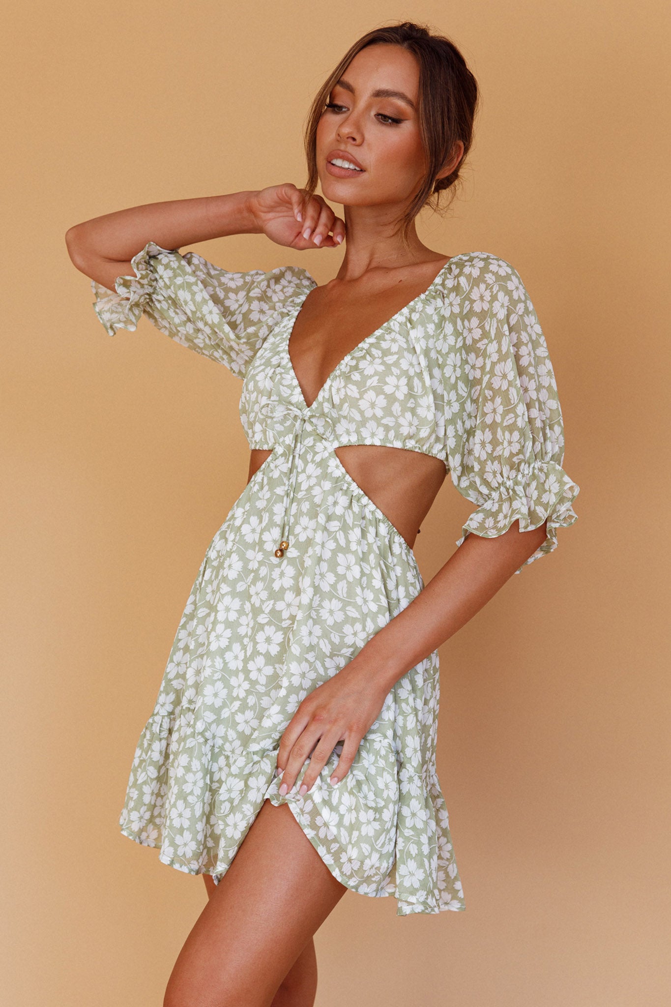 Fancy Free Puff Sleeve Cut-Out Dress Floral Green by Selfie Leslie