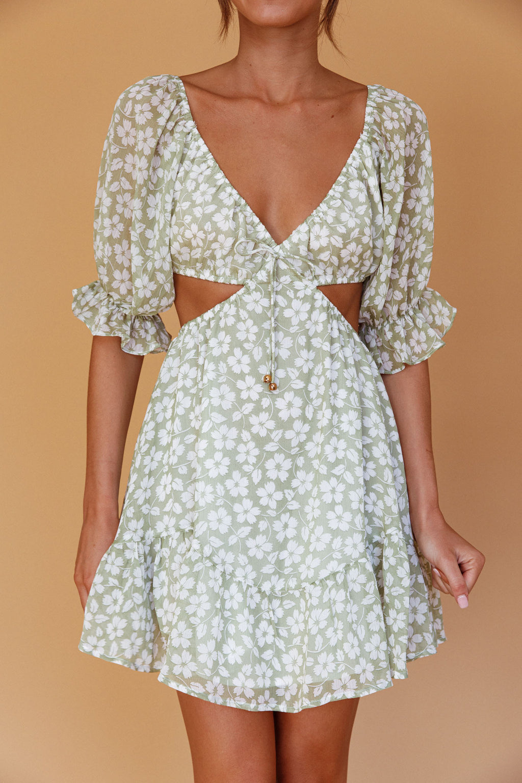 Fancy Free Puff Sleeve Cut-Out Dress Floral Green by Selfie Leslie