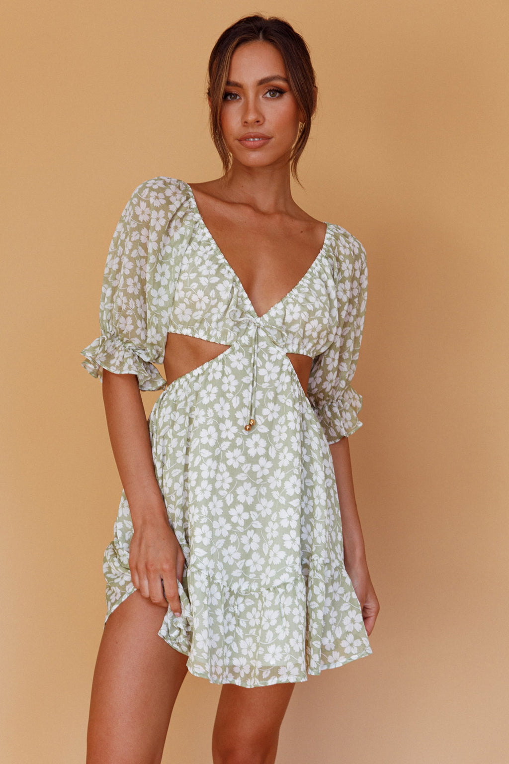 Fancy Free Puff Sleeve Cut-Out Dress Floral Green by Selfie Leslie