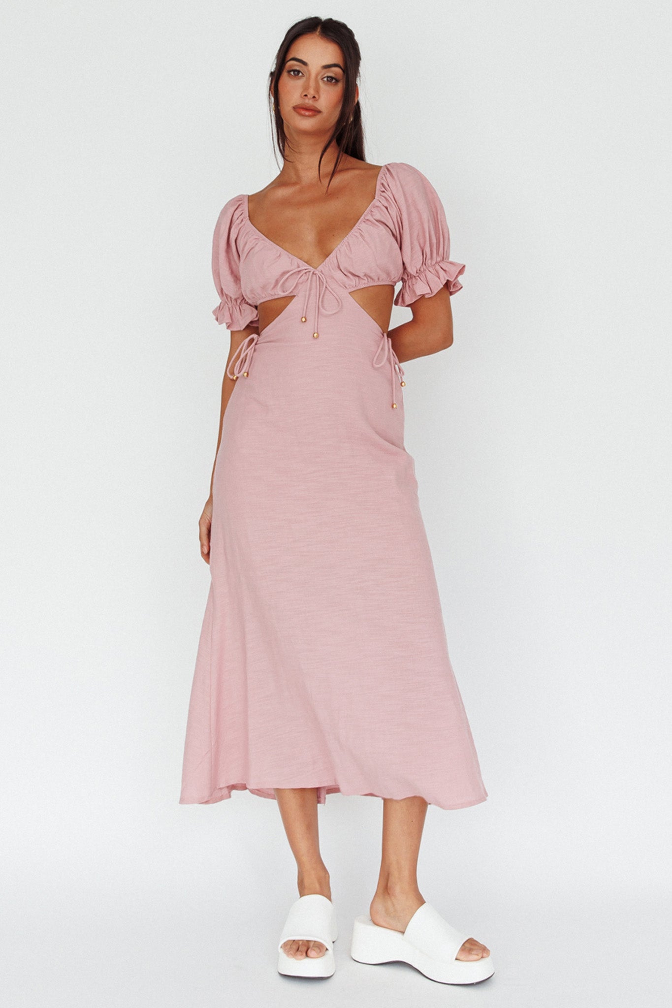 Fancy Free Puff Sleeve Midi Dress Blush by Selfie Leslie